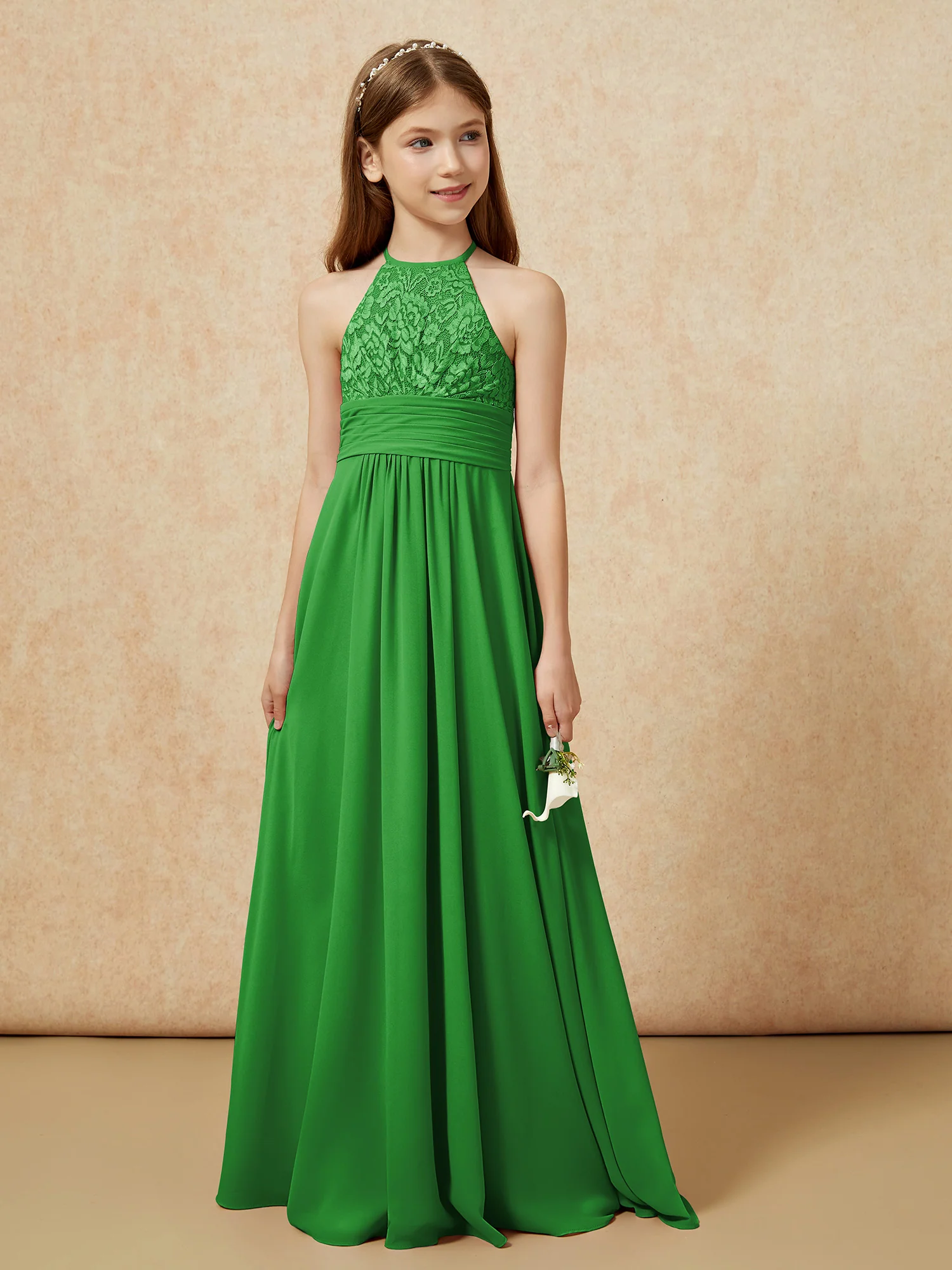 Halter Neck Lace Top Chiffon Junior Bridesmaid Dress Green - Image 5