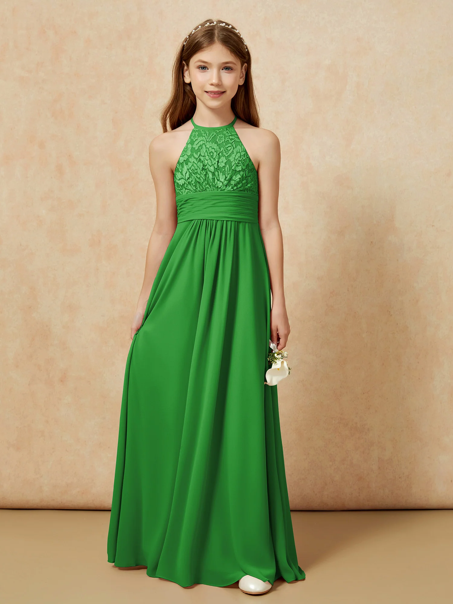 Halter Neck Lace Top Chiffon Junior Bridesmaid Dress Green - Image 7