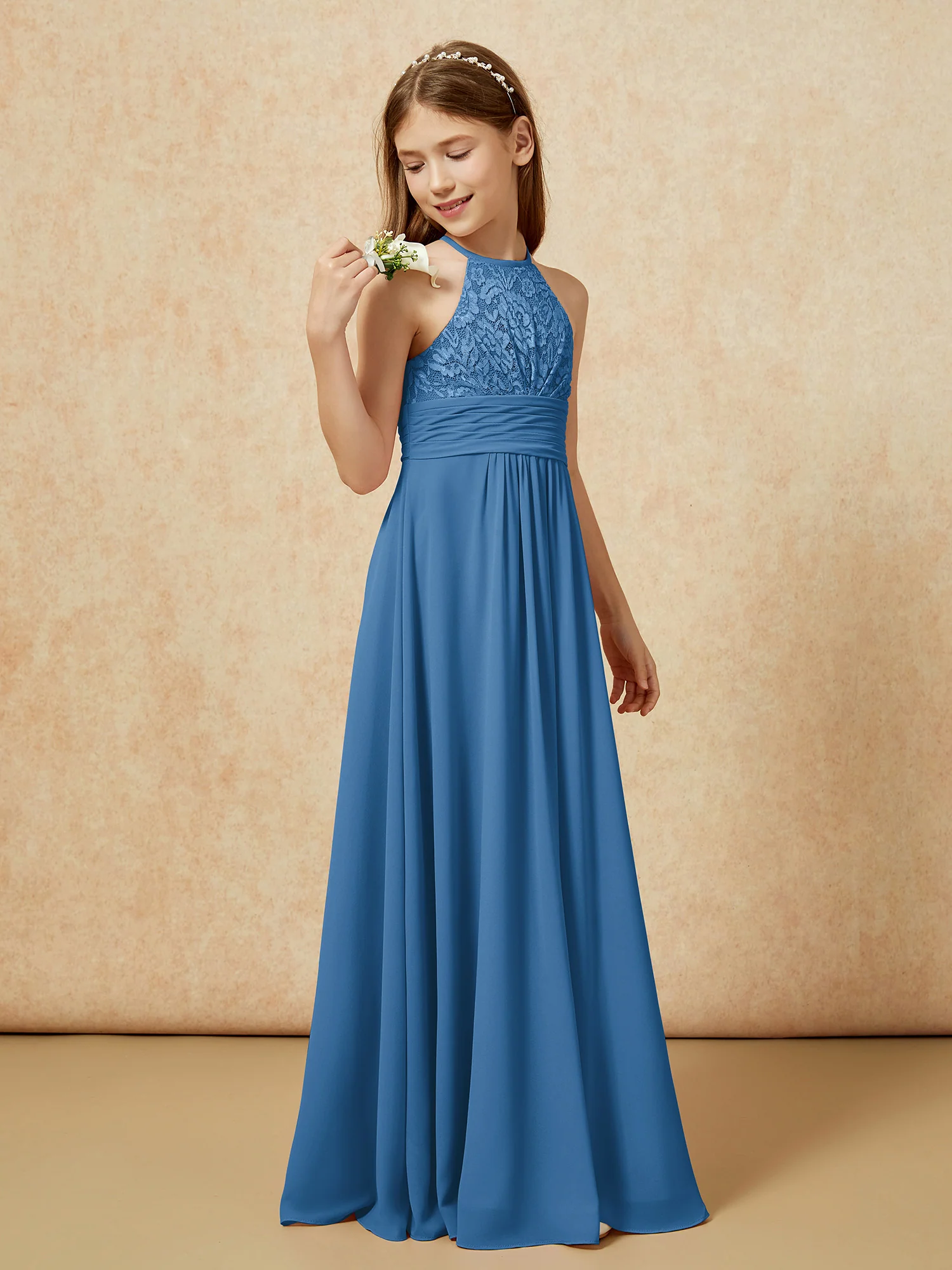 Halter Neck Lace Top Chiffon Junior Bridesmaid Dress Ink Blue - Image 3