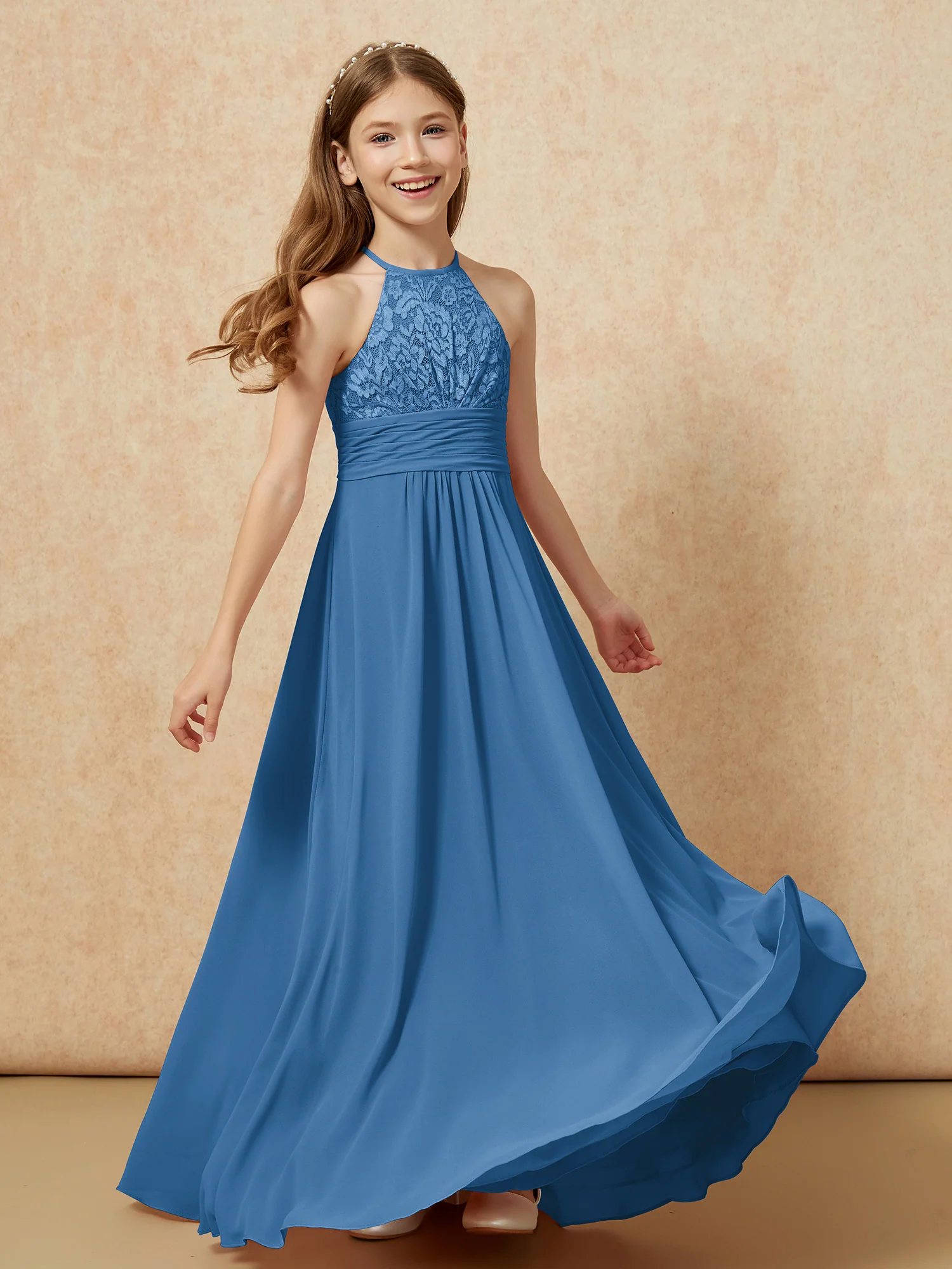 Halter Neck Lace Top Chiffon Junior Bridesmaid Dress Ink Blue - Image 4