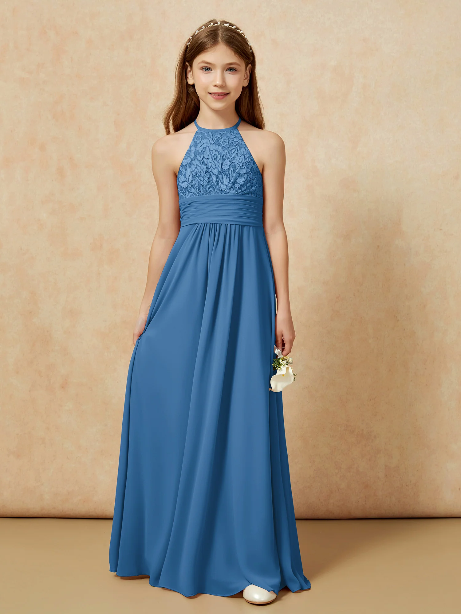 Halter Neck Lace Top Chiffon Junior Bridesmaid Dress Ink Blue - Image 7