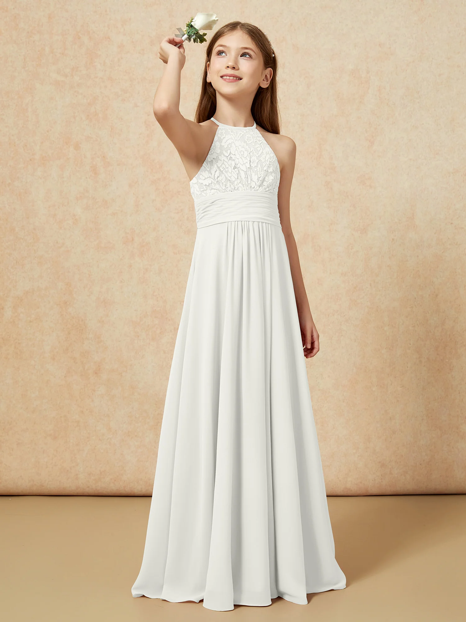 Halter Neck Lace Top Chiffon Junior Bridesmaid Dress Ivory