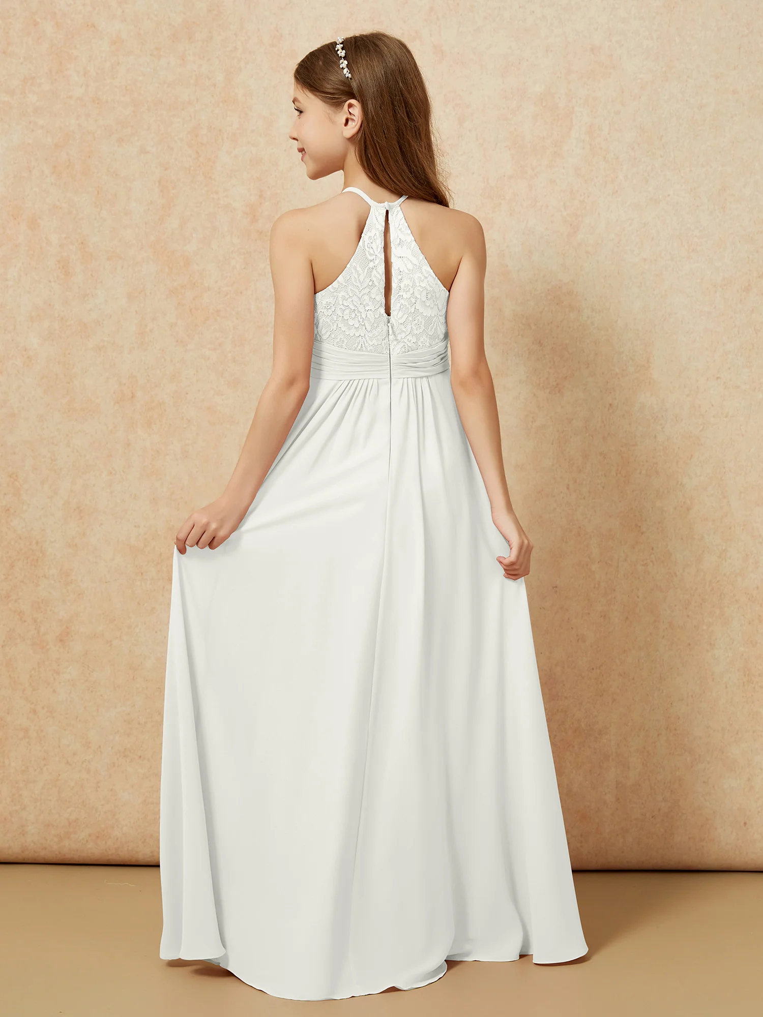 Halter Neck Lace Top Chiffon Junior Bridesmaid Dress Ivory - Image 2