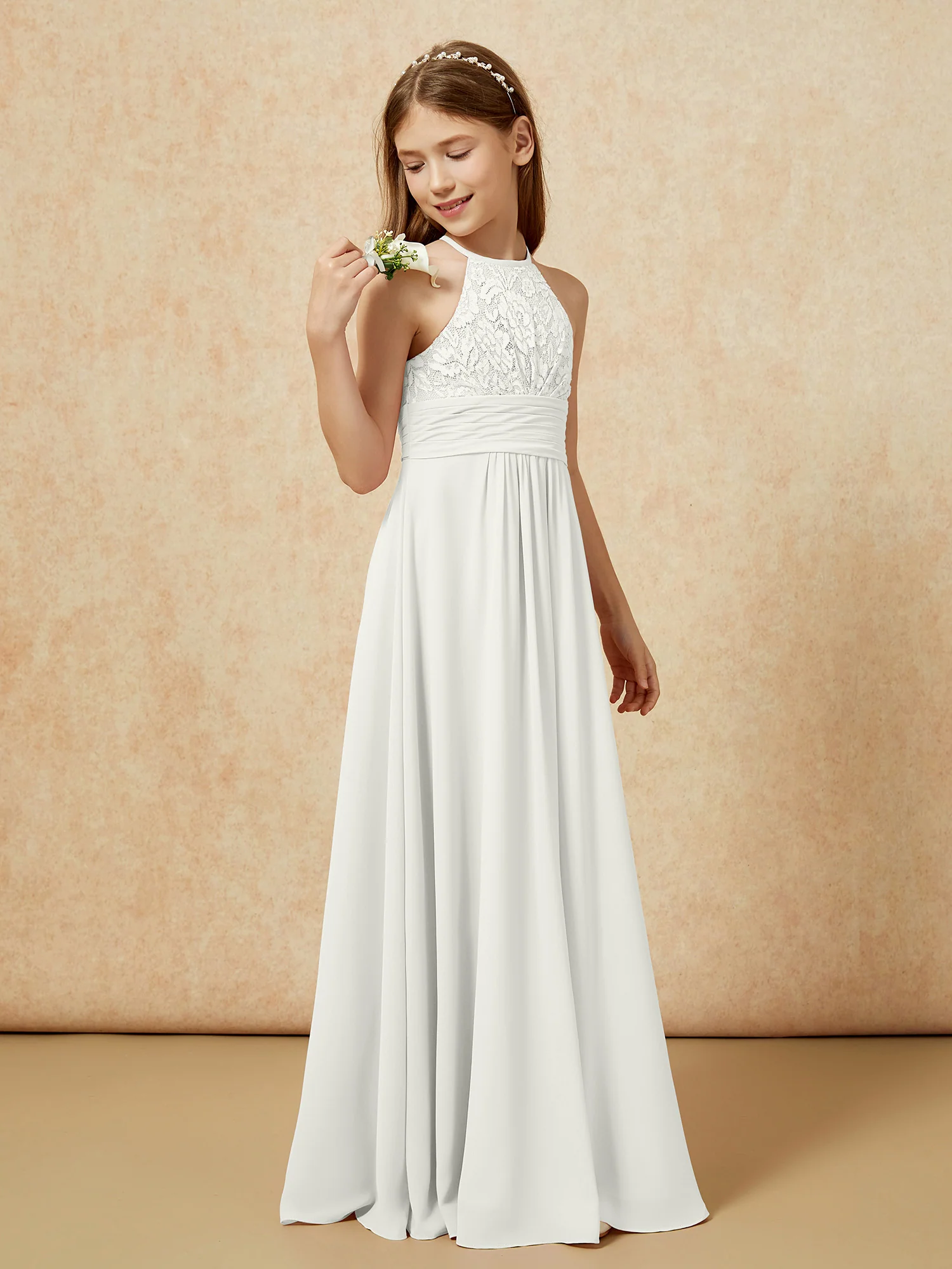 Halter Neck Lace Top Chiffon Junior Bridesmaid Dress Ivory - Image 3