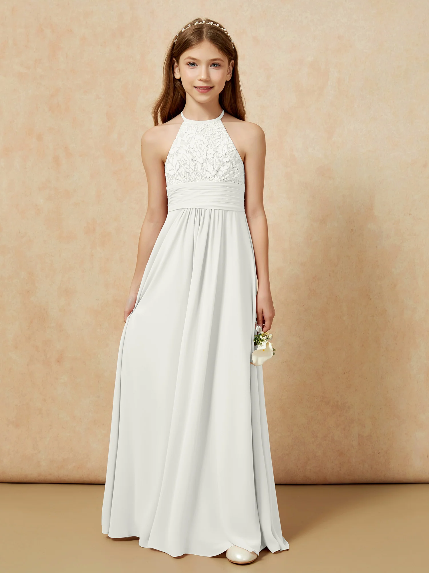 Halter Neck Lace Top Chiffon Junior Bridesmaid Dress Ivory - Image 7