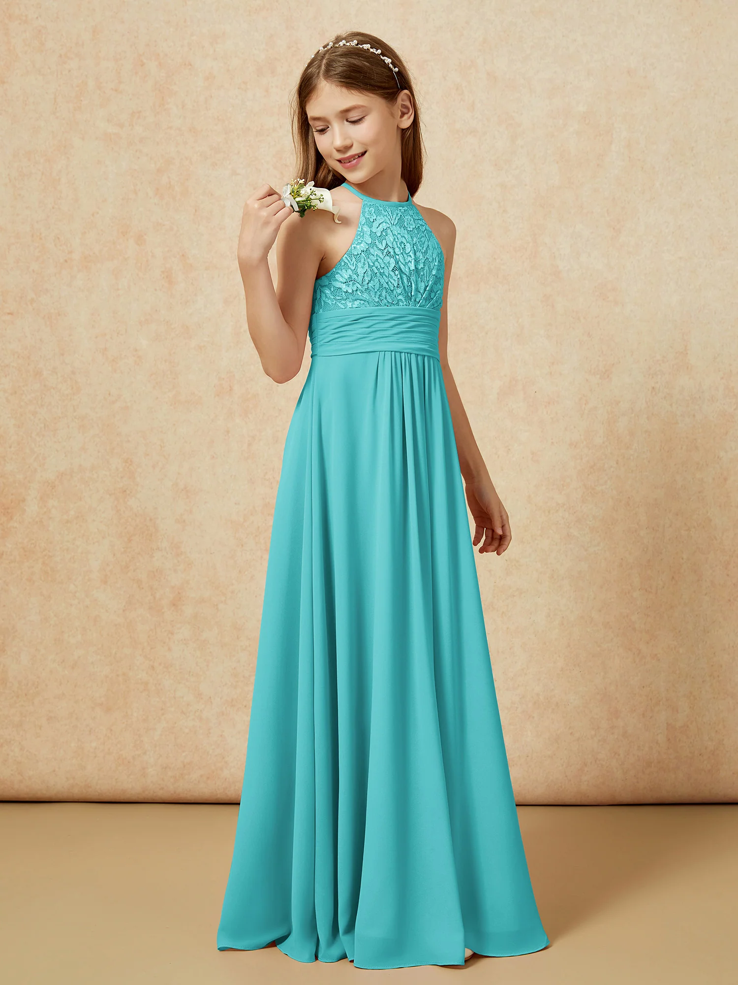 Halter Neck Lace Top Chiffon Junior Bridesmaid Dress Jade - Image 3