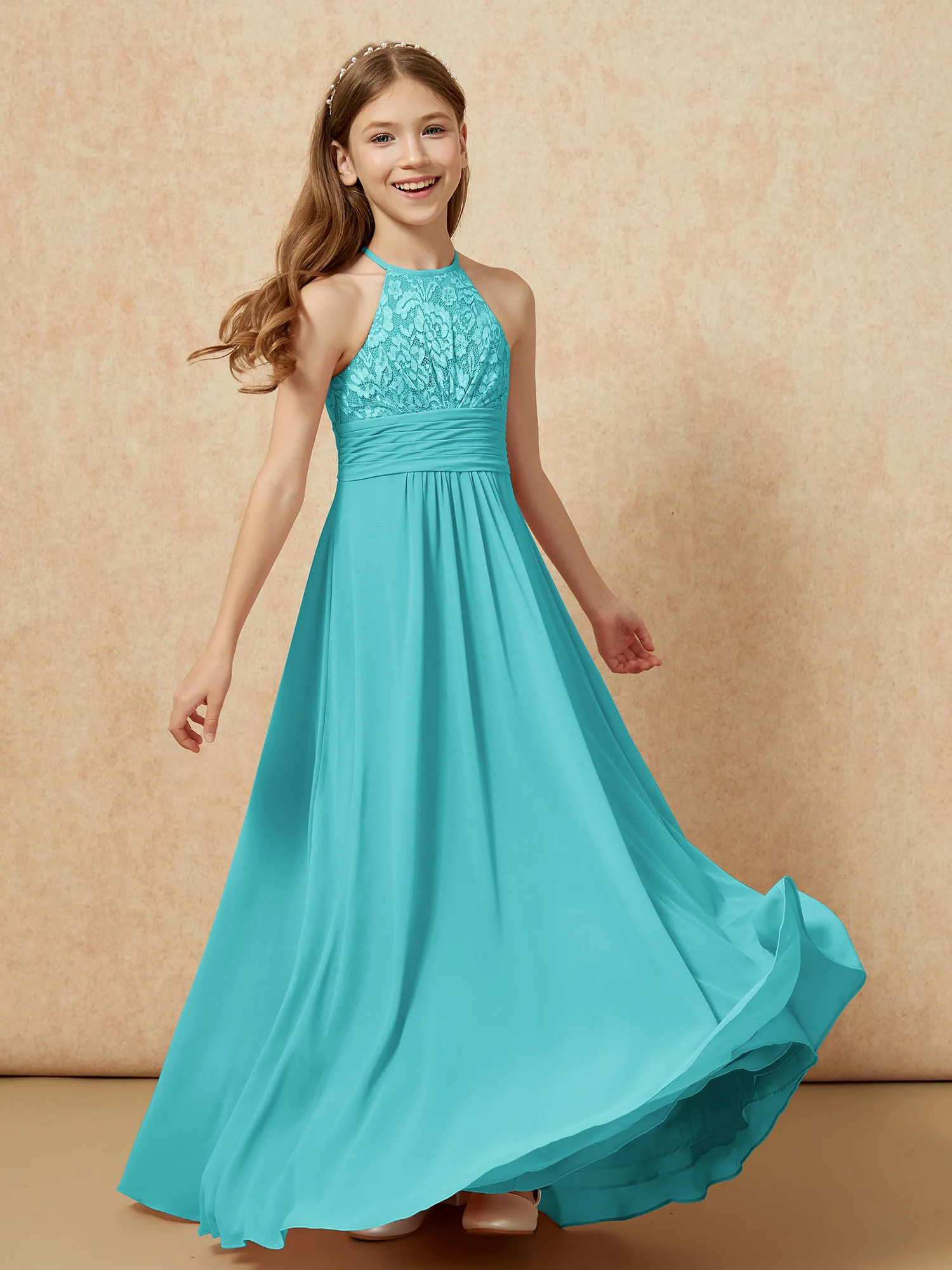 Halter Neck Lace Top Chiffon Junior Bridesmaid Dress Jade - Image 4