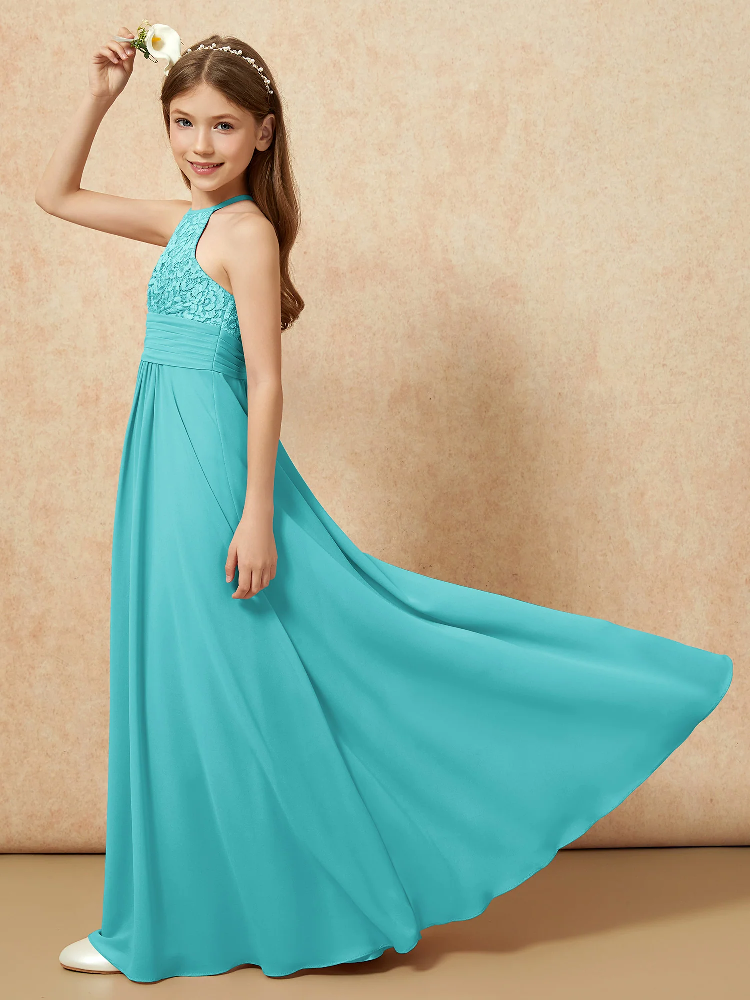 Halter Neck Lace Top Chiffon Junior Bridesmaid Dress Jade - Image 6