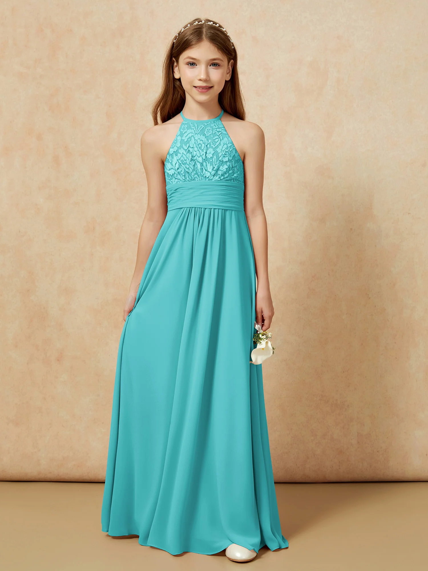 Halter Neck Lace Top Chiffon Junior Bridesmaid Dress Jade - Image 7