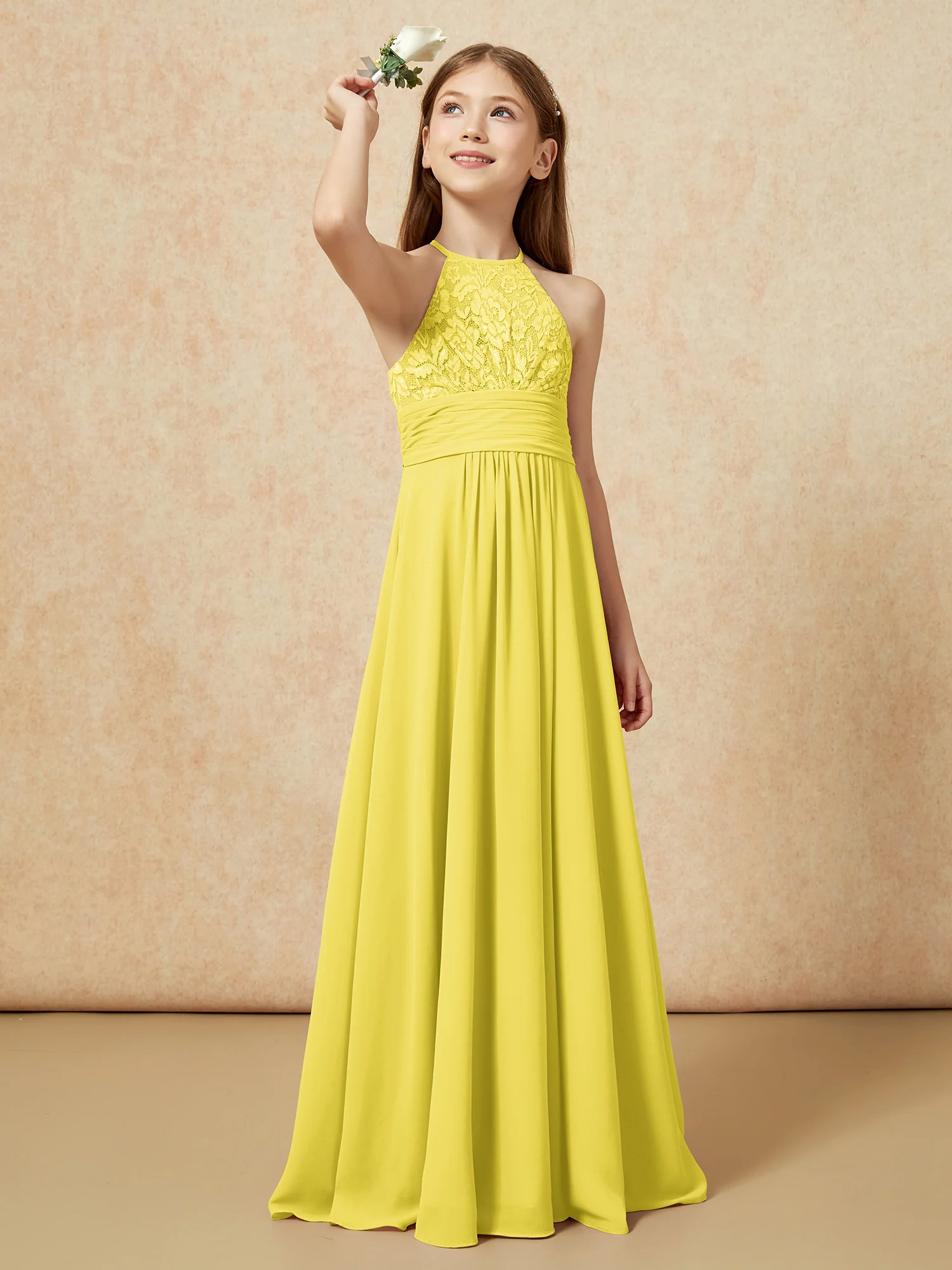 Halter Neck Lace Top Chiffon Junior Bridesmaid Dress Lemon