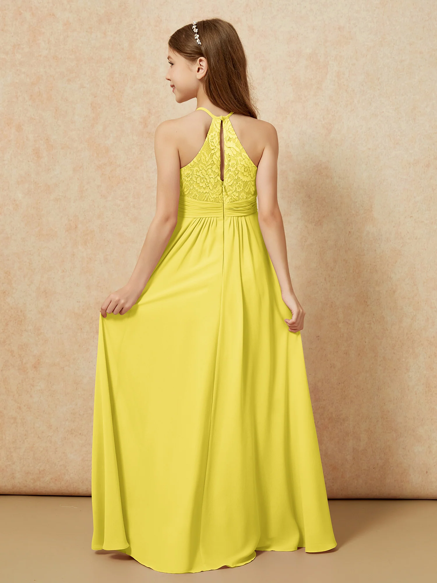 Halter Neck Lace Top Chiffon Junior Bridesmaid Dress Lemon - Image 2