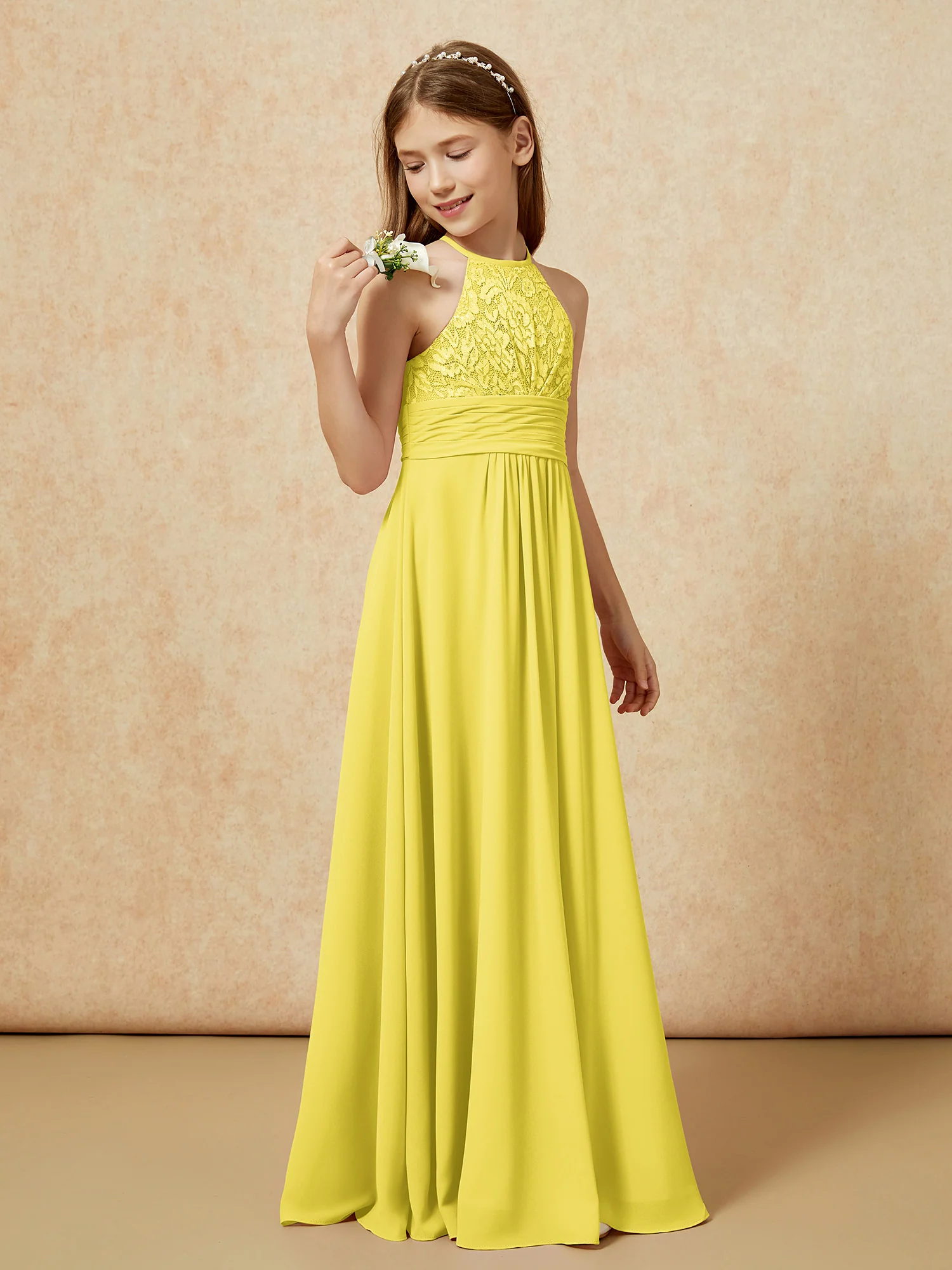 Halter Neck Lace Top Chiffon Junior Bridesmaid Dress Lemon - Image 3