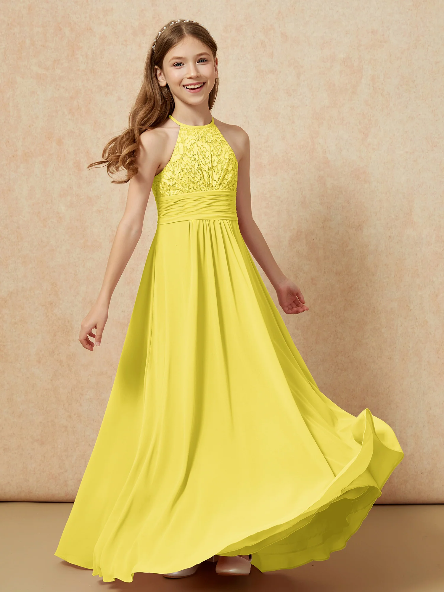 Halter Neck Lace Top Chiffon Junior Bridesmaid Dress Lemon - Image 4