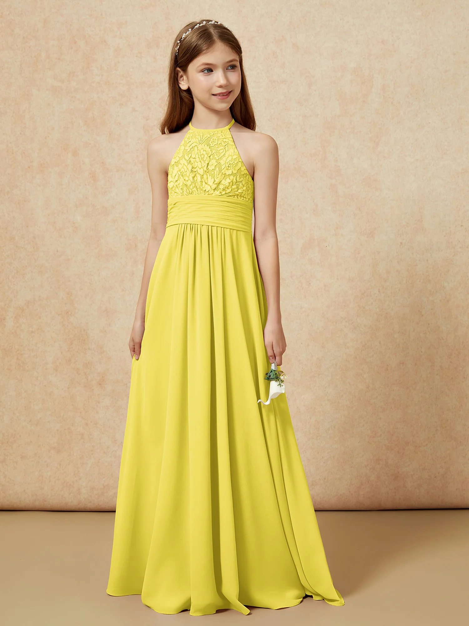 Halter Neck Lace Top Chiffon Junior Bridesmaid Dress Lemon - Image 5