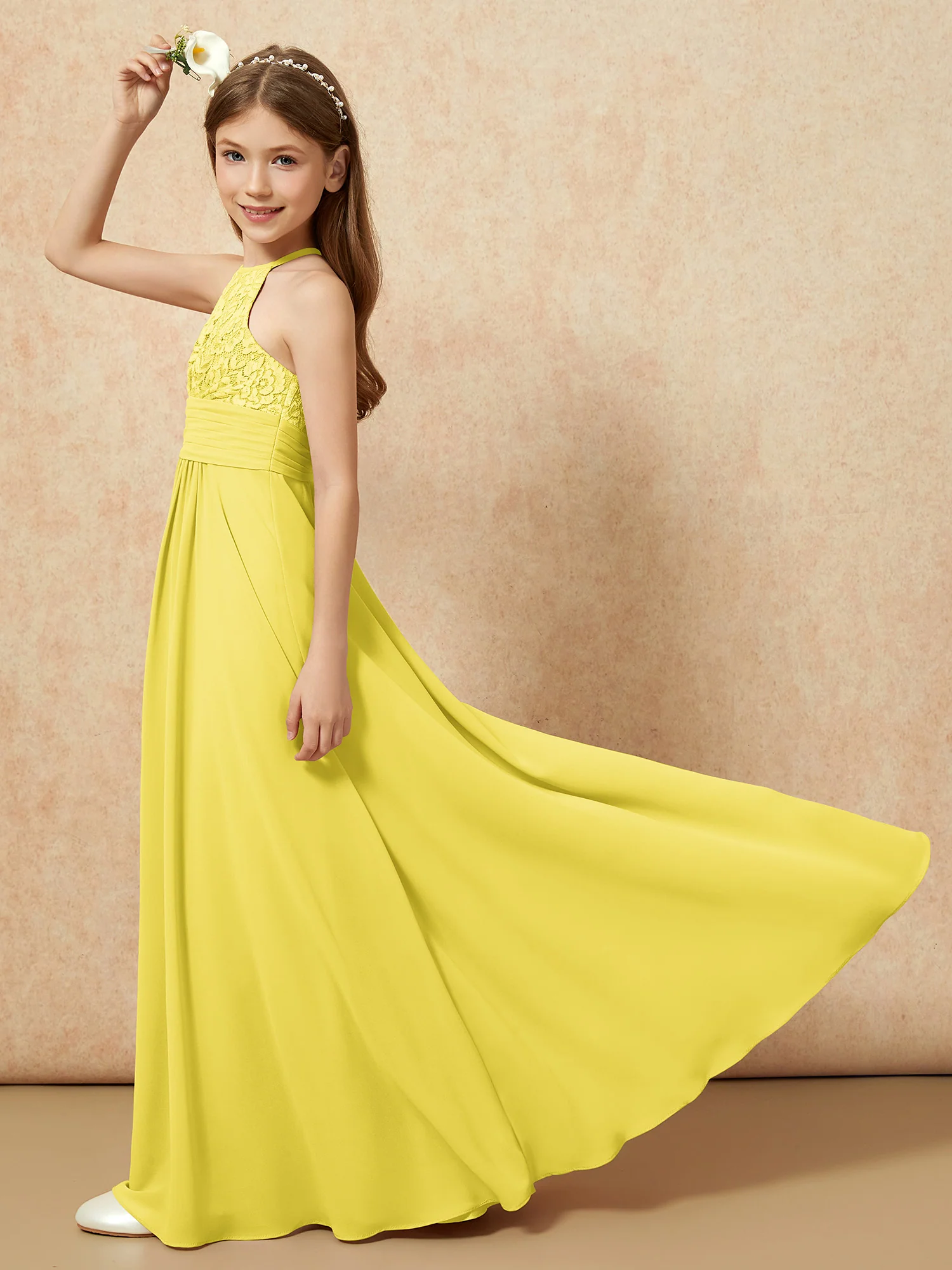 Halter Neck Lace Top Chiffon Junior Bridesmaid Dress Lemon - Image 6