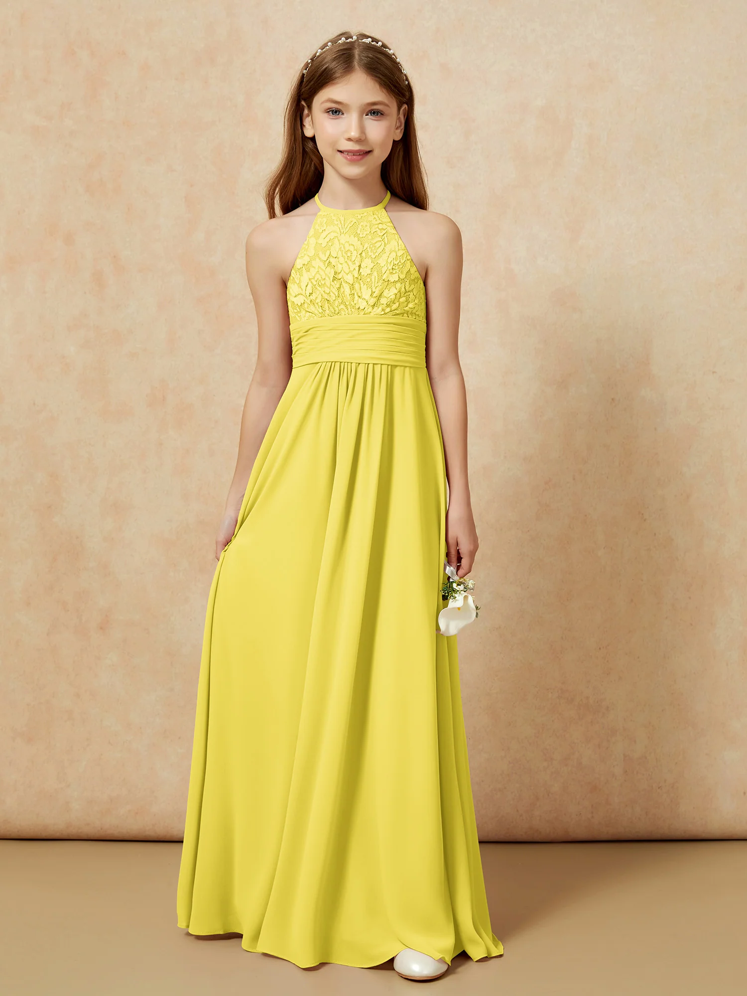 Halter Neck Lace Top Chiffon Junior Bridesmaid Dress Lemon - Image 7