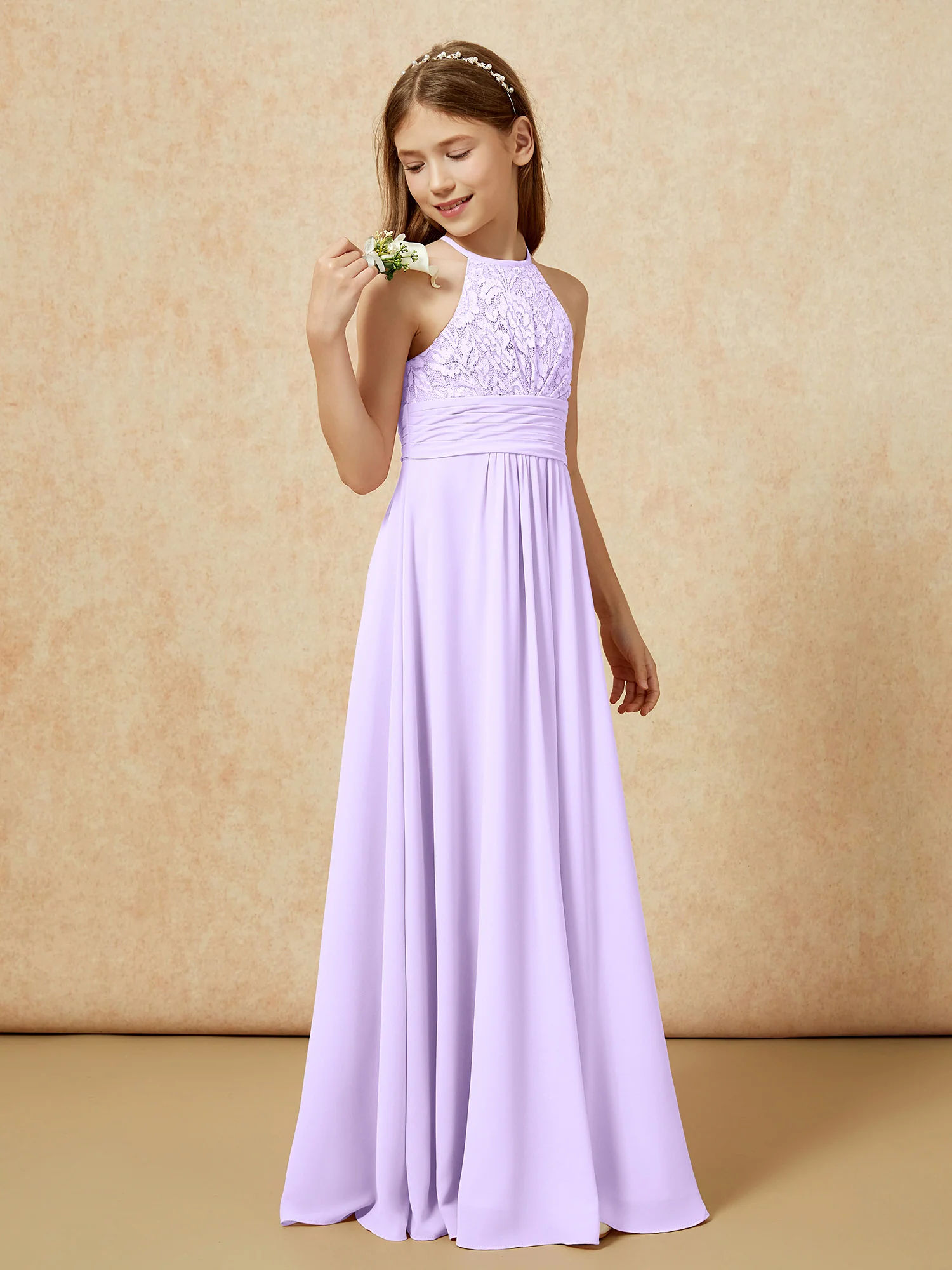 Halter Neck Lace Top Chiffon Junior Bridesmaid Dress Lilac - Image 3