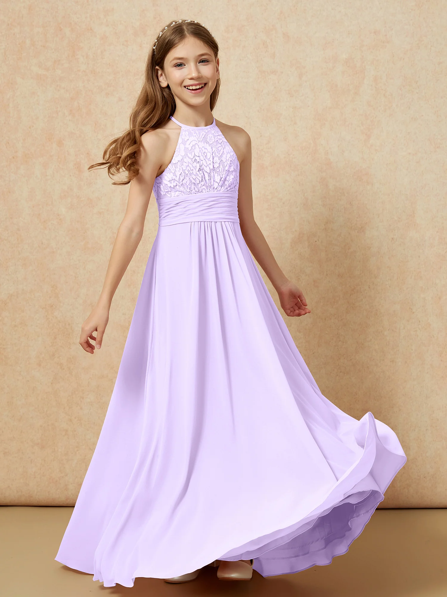 Halter Neck Lace Top Chiffon Junior Bridesmaid Dress Lilac - Image 4