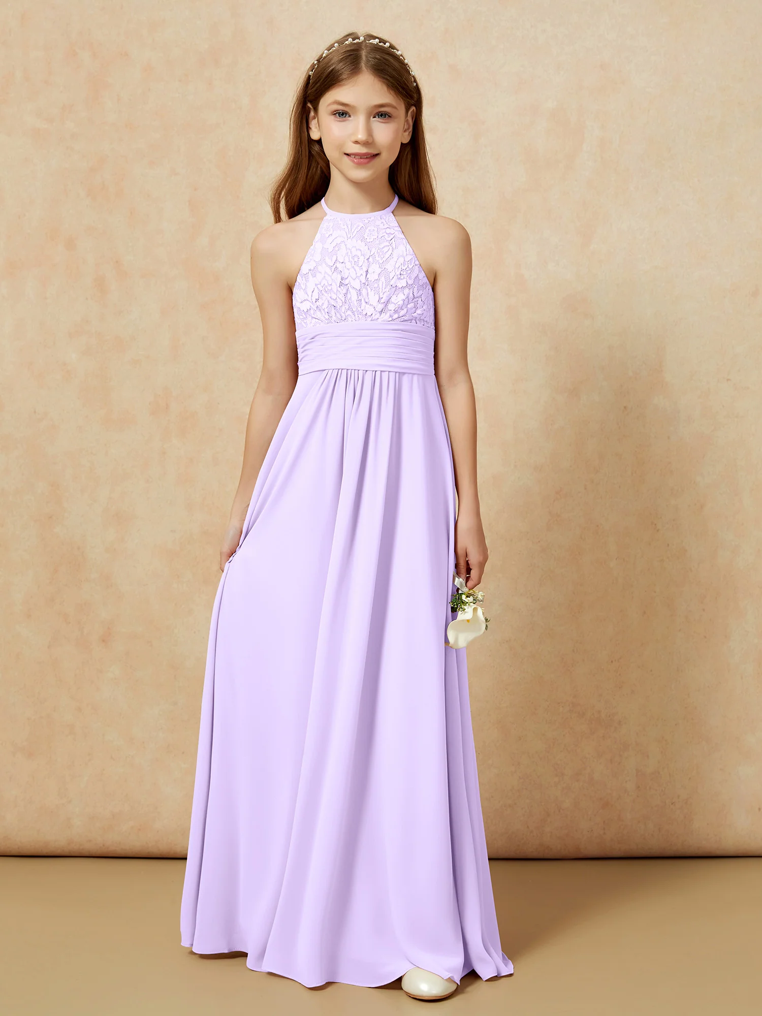 Halter Neck Lace Top Chiffon Junior Bridesmaid Dress Lilac - Image 7