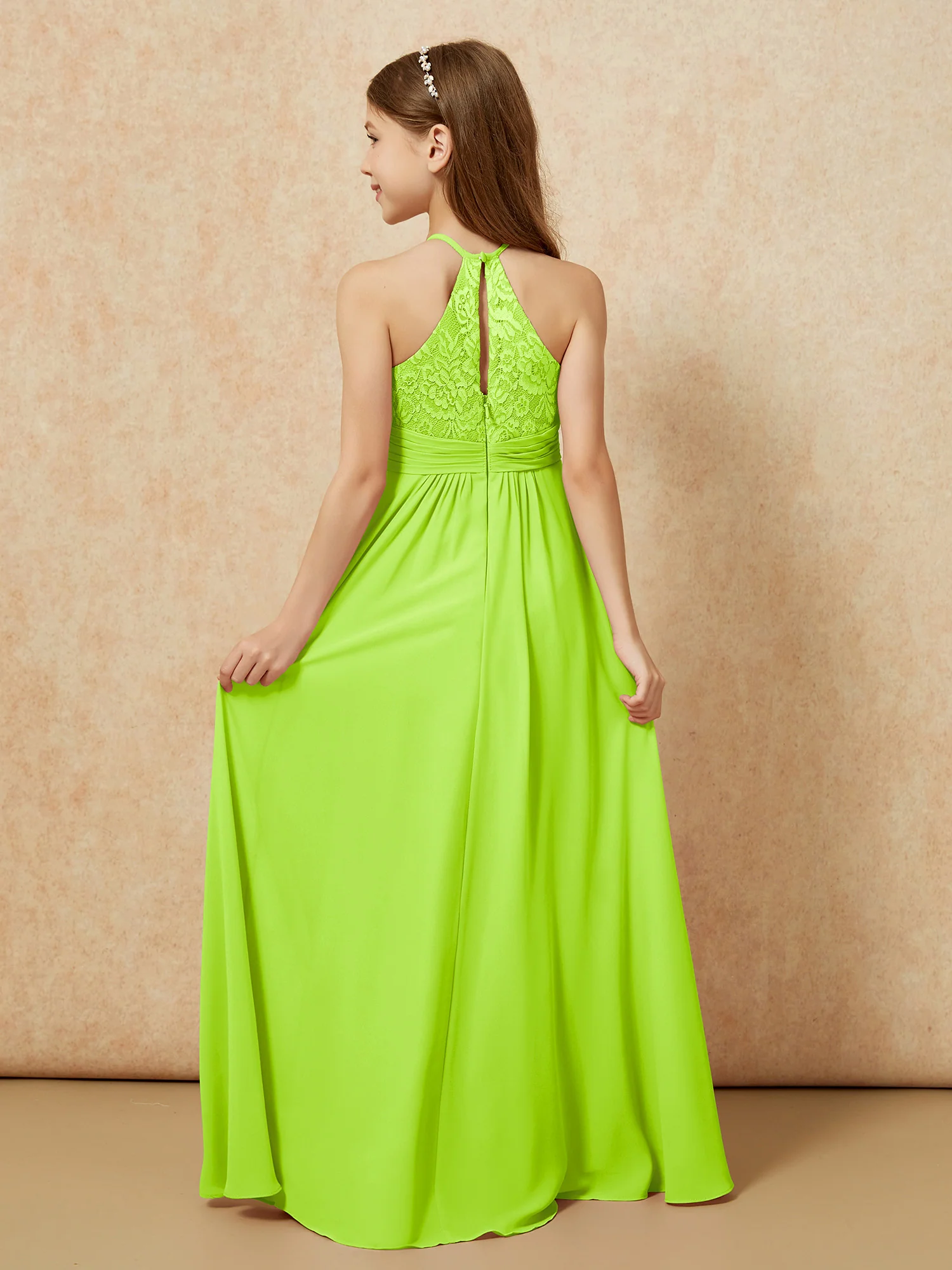 Halter Neck Lace Top Chiffon Junior Bridesmaid Dress Lime Green - Image 2