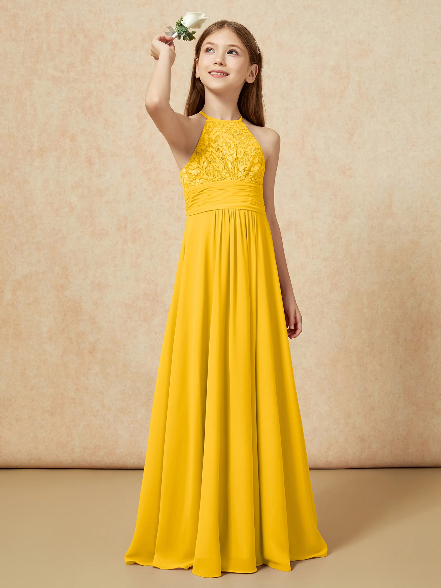 Halter Neck Lace Top Chiffon Junior Bridesmaid Dress Marigold