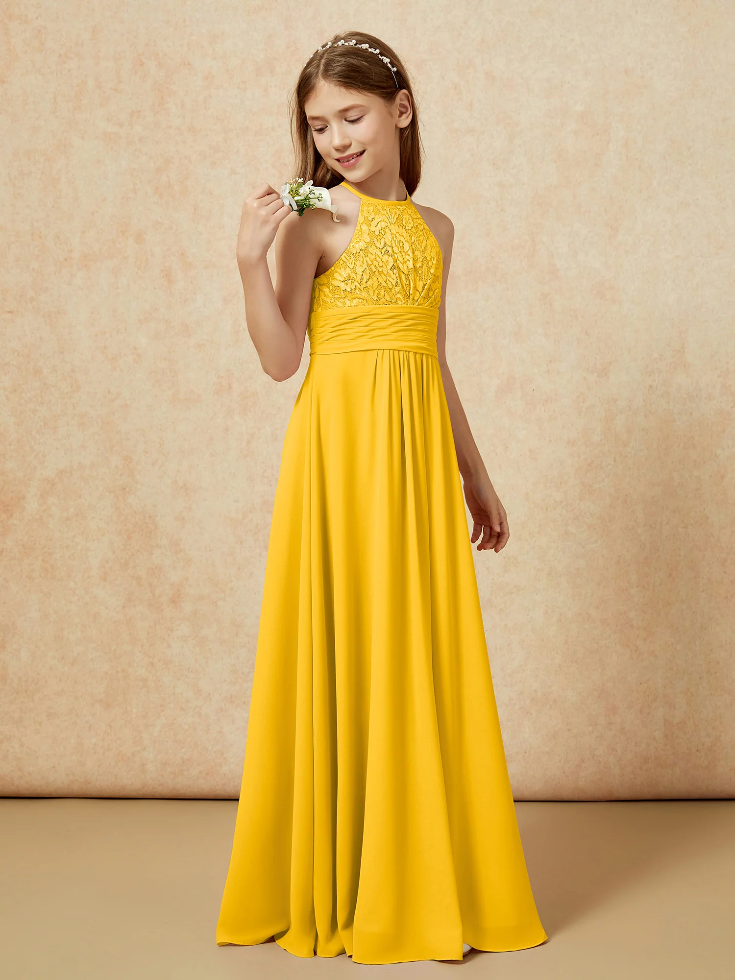 Halter Neck Lace Top Chiffon Junior Bridesmaid Dress Marigold - Image 3