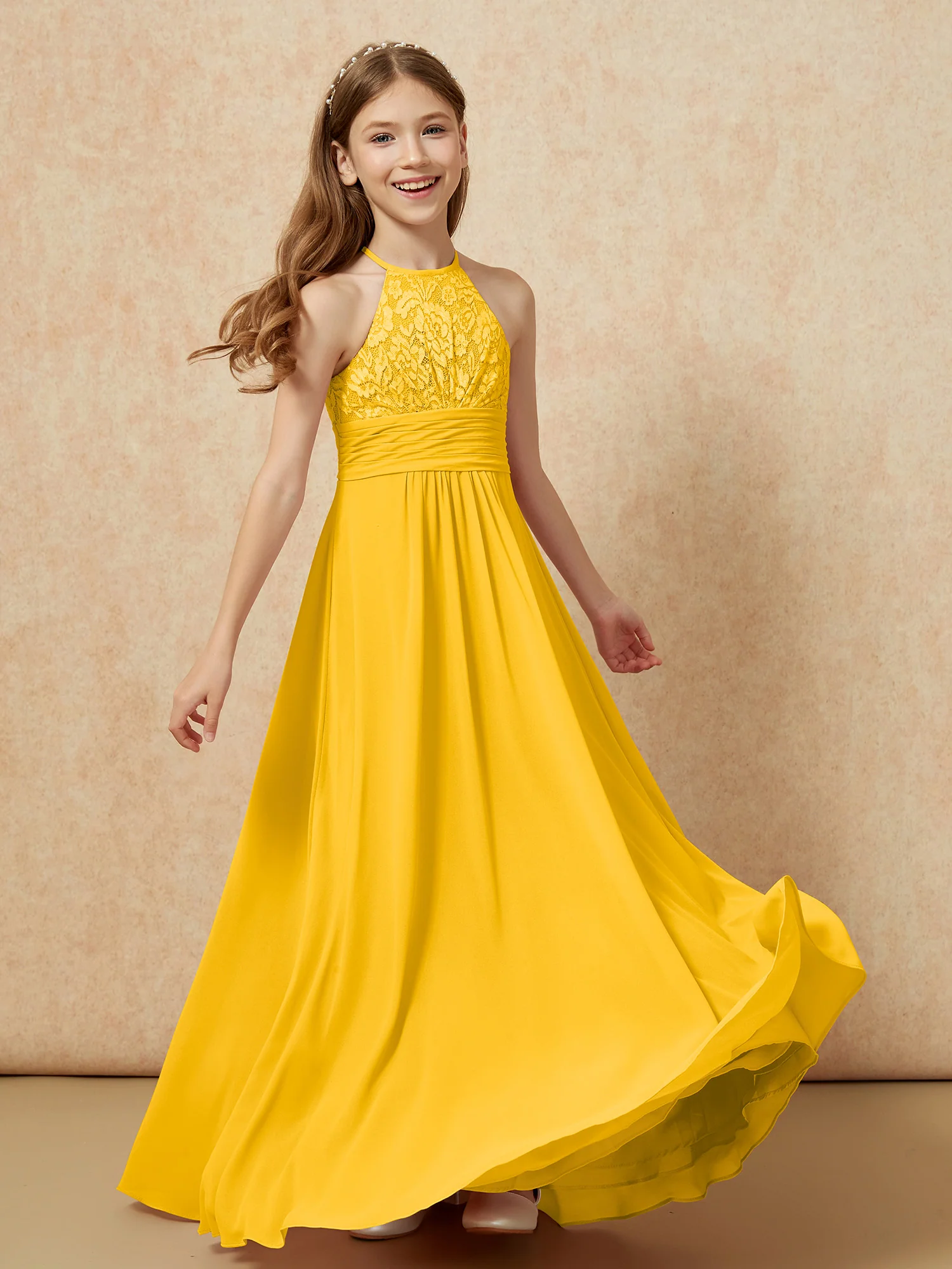Halter Neck Lace Top Chiffon Junior Bridesmaid Dress Marigold - Image 4