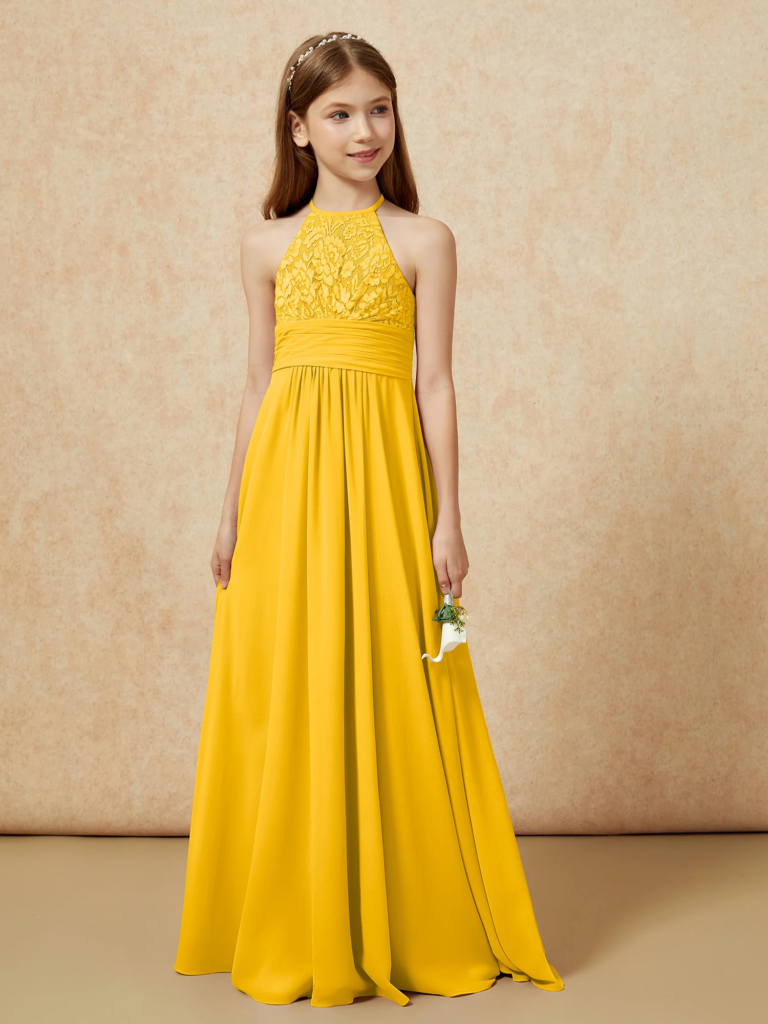 Halter Neck Lace Top Chiffon Junior Bridesmaid Dress Marigold - Image 5