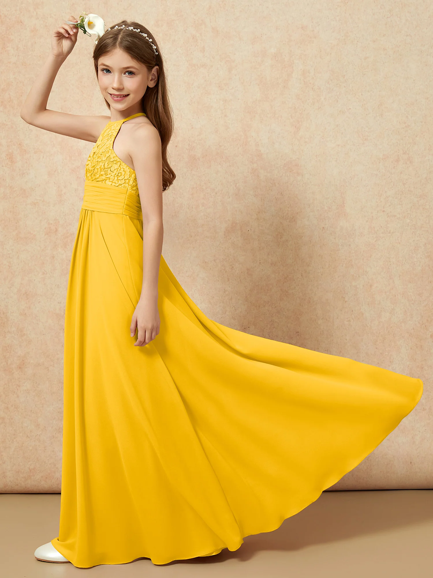 Halter Neck Lace Top Chiffon Junior Bridesmaid Dress Marigold - Image 6