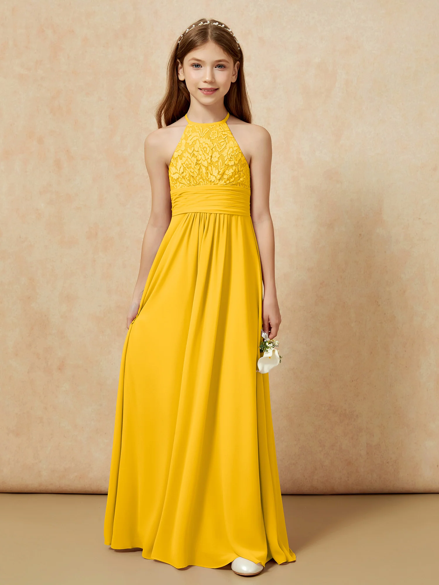 Halter Neck Lace Top Chiffon Junior Bridesmaid Dress Marigold - Image 7