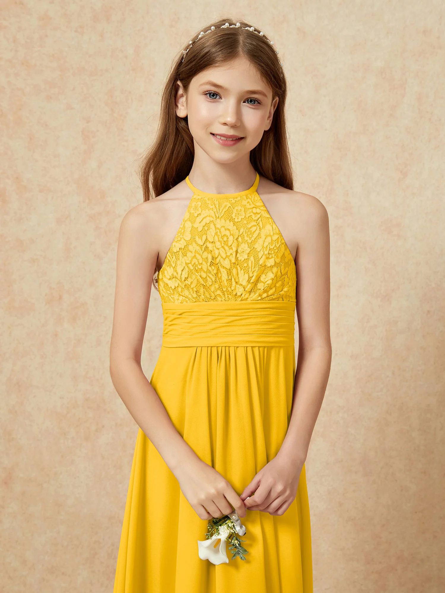 Halter Neck Lace Top Chiffon Junior Bridesmaid Dress Marigold - Image 8
