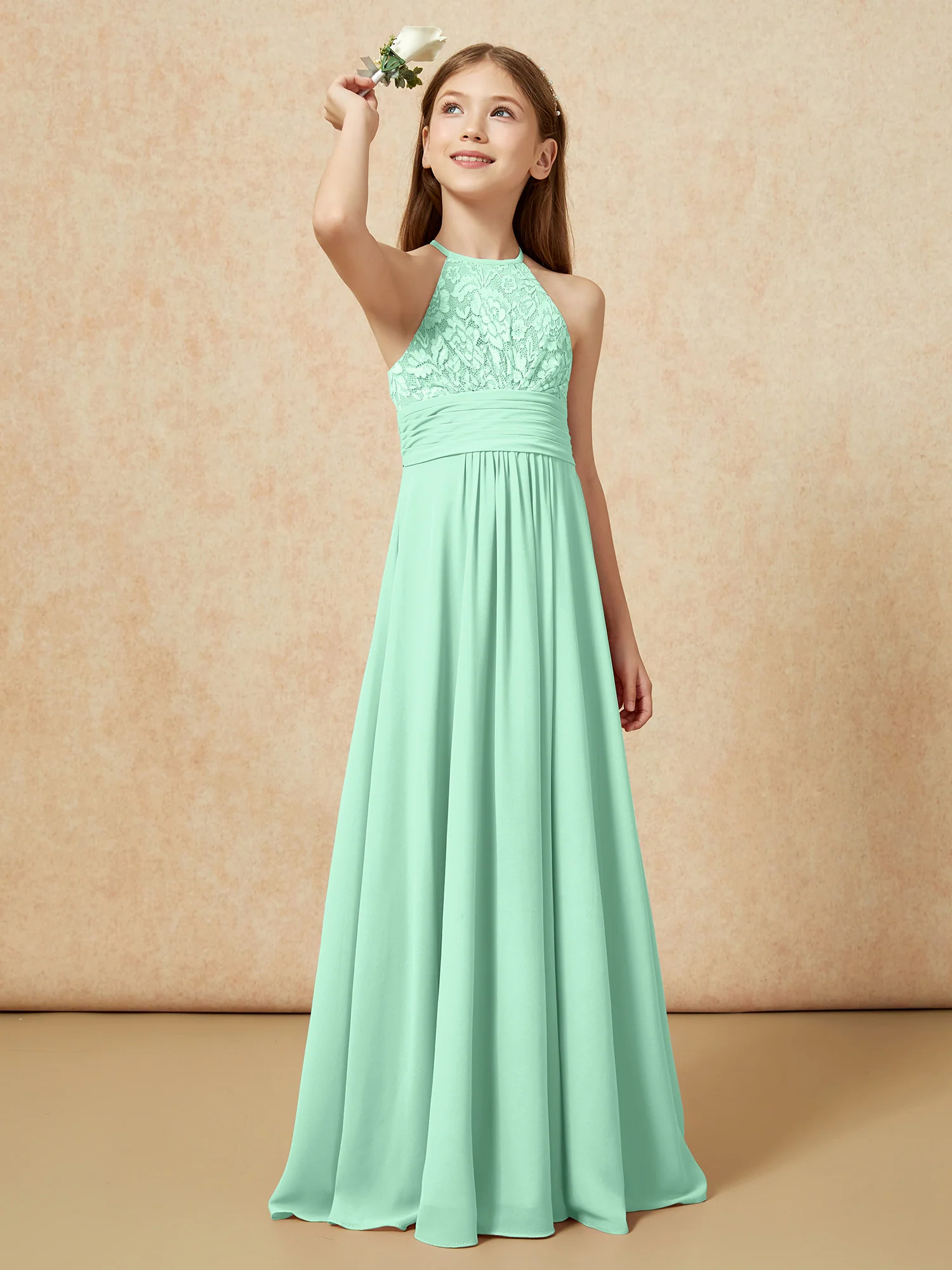 Halter Neck Lace Top Chiffon Junior Bridesmaid Dress Mint Green
