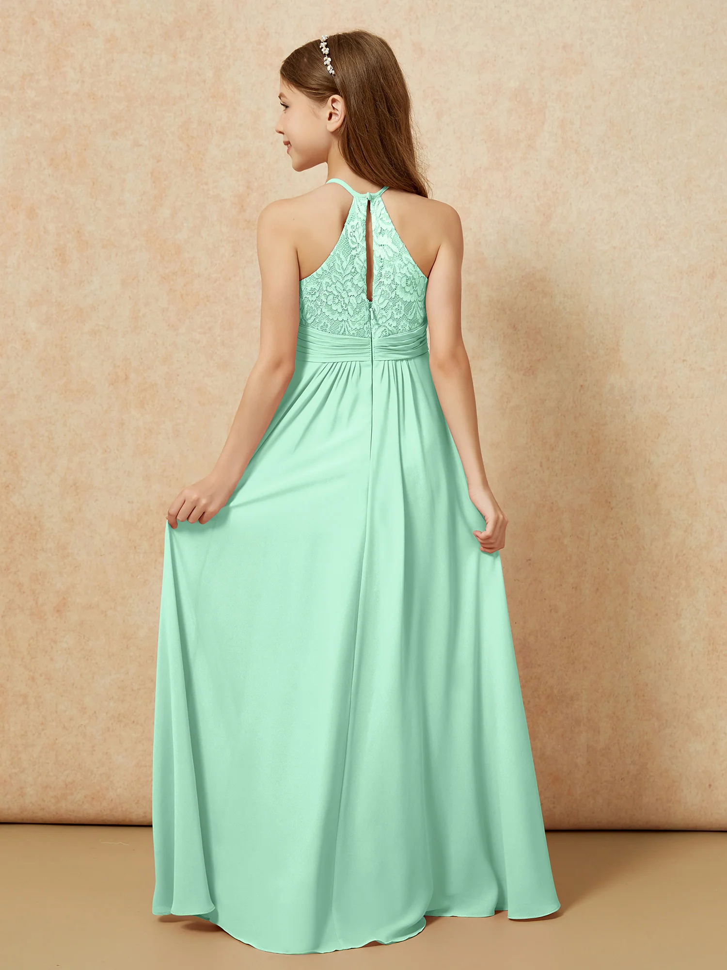 Halter Neck Lace Top Chiffon Junior Bridesmaid Dress Mint Green - Image 2