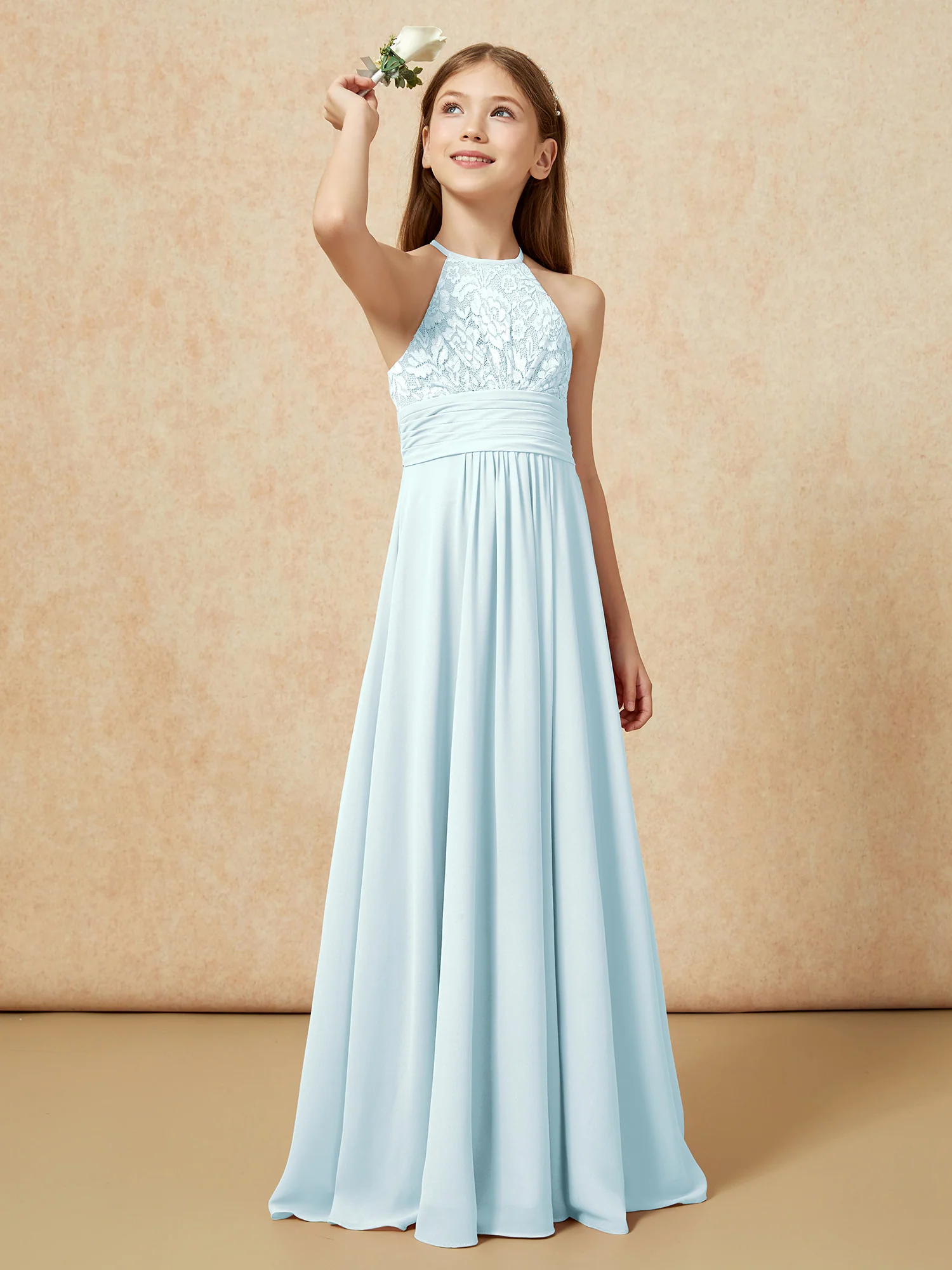 Halter Neck Lace Top Chiffon Junior Bridesmaid Dress Mist