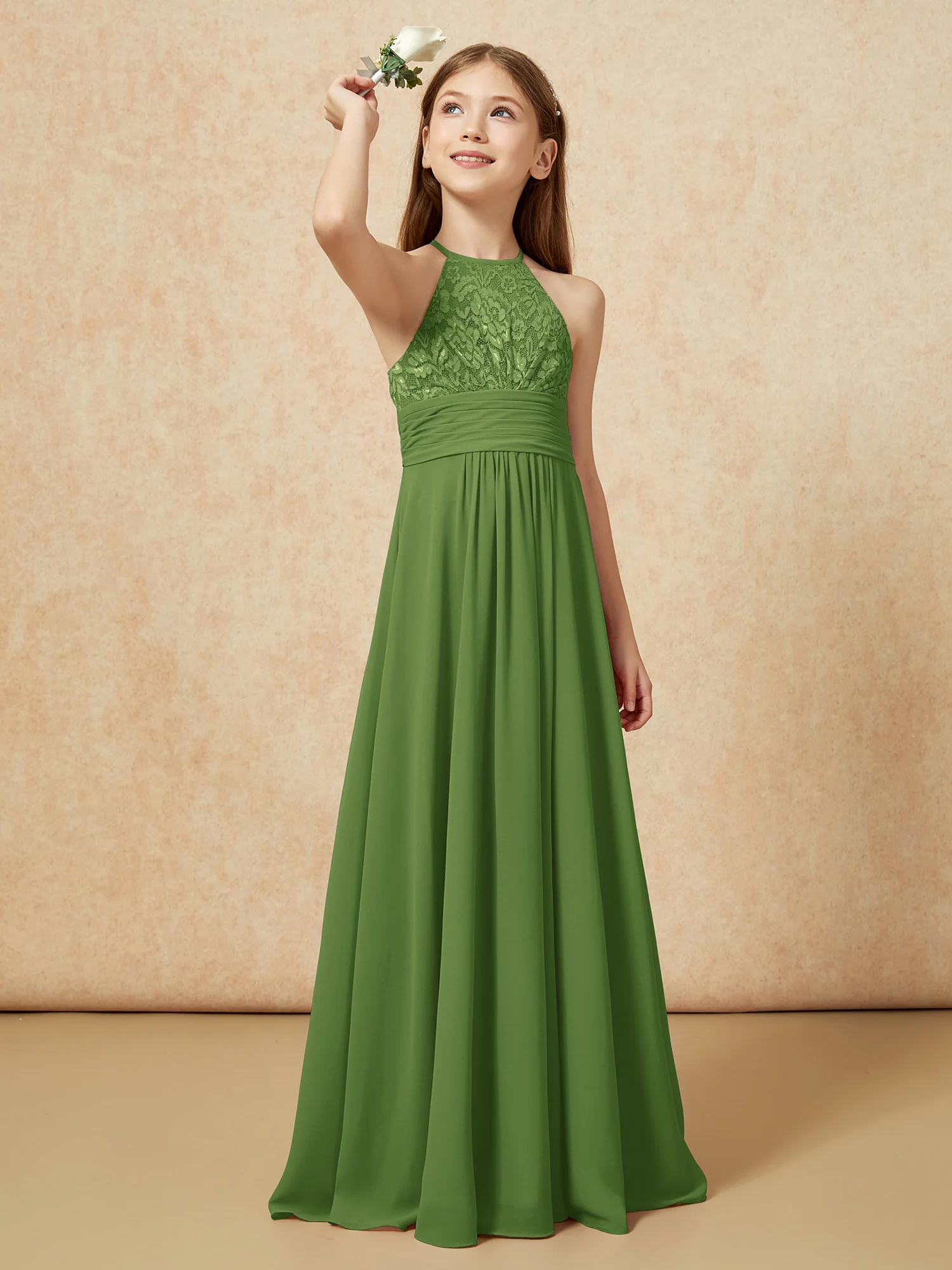 Halter Neck Lace Top Chiffon Junior Bridesmaid Dress Moss