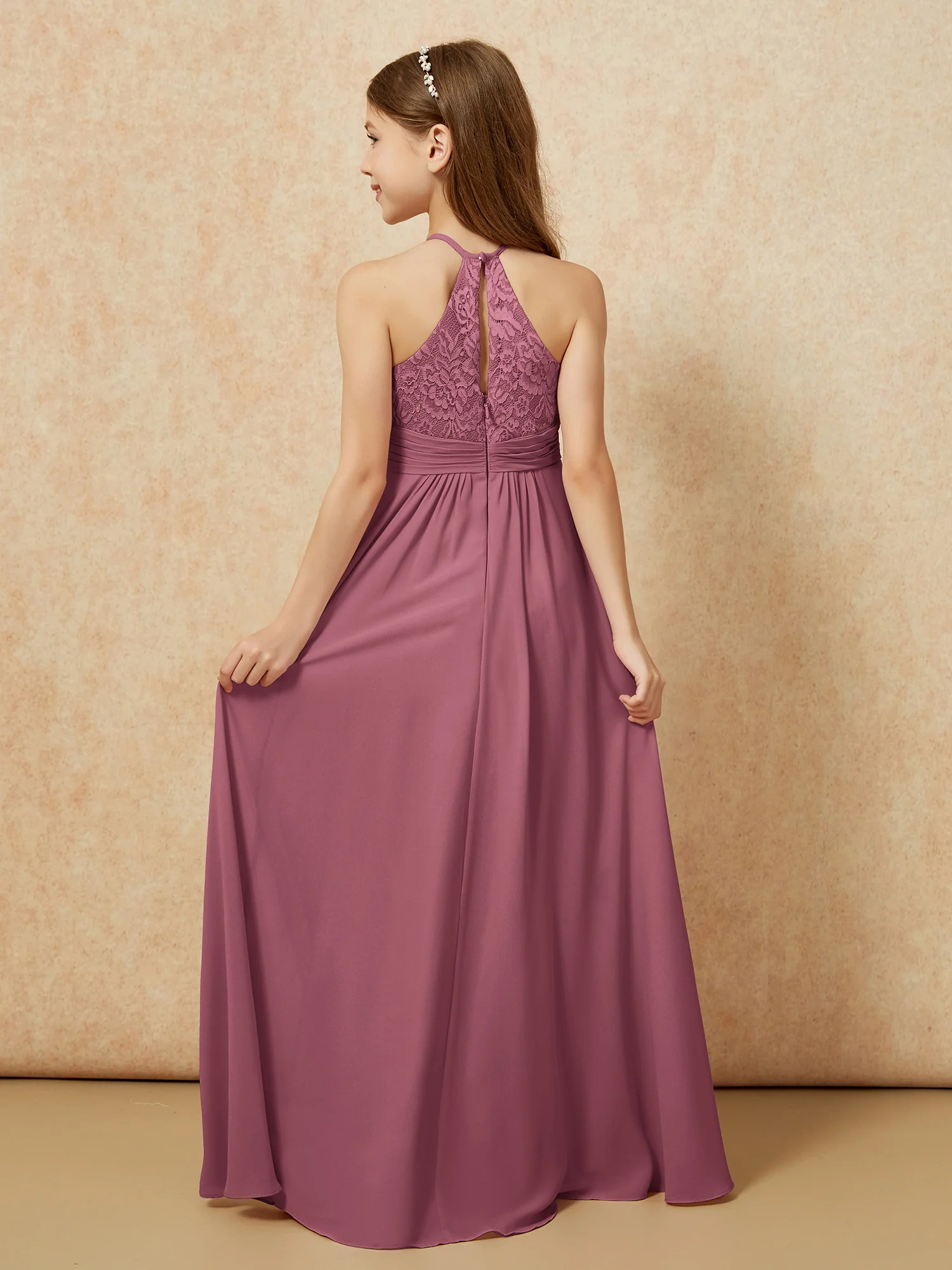 Halter Neck Lace Top Chiffon Junior Bridesmaid Dress Mulberry - Image 2