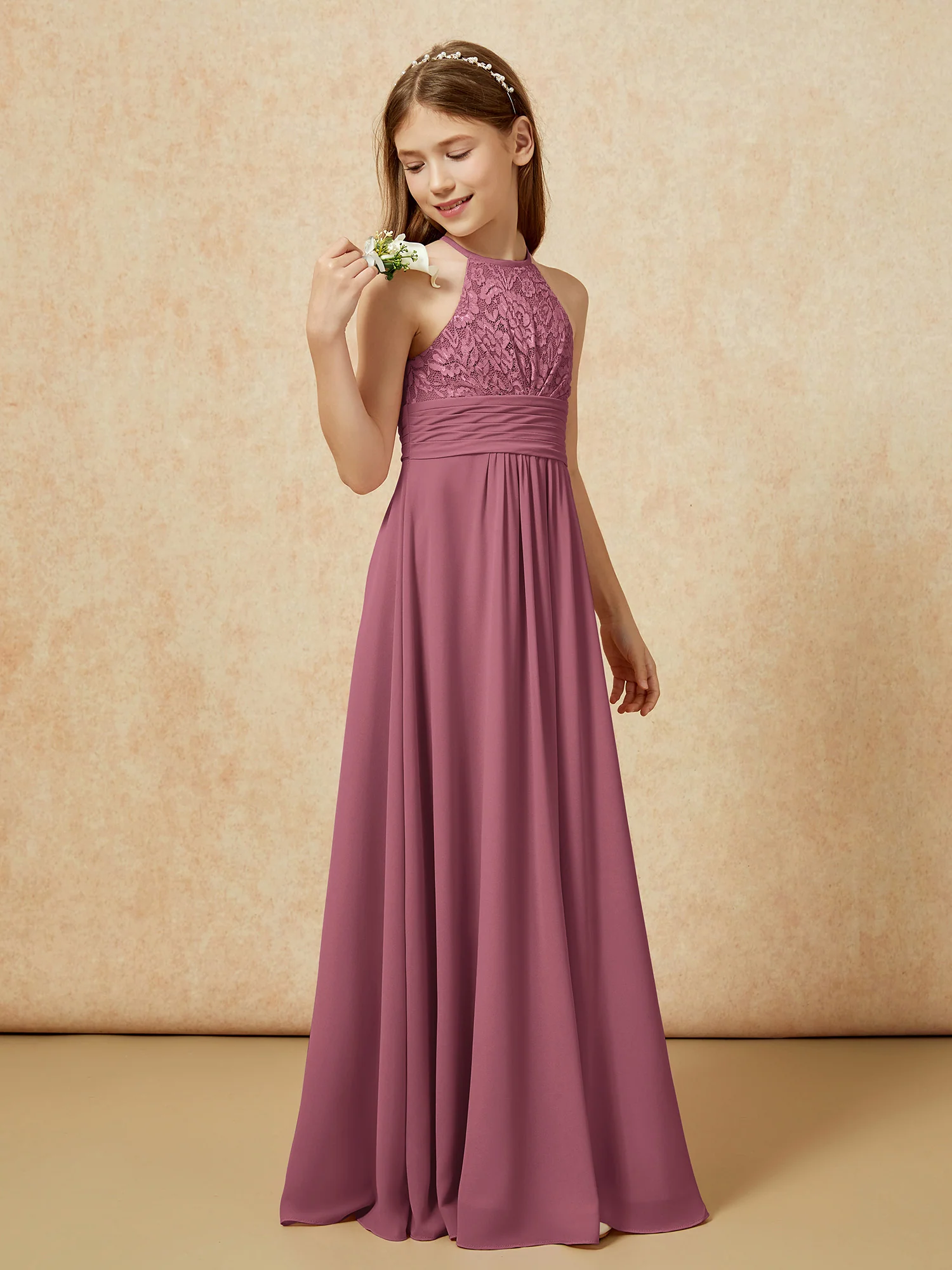 Halter Neck Lace Top Chiffon Junior Bridesmaid Dress Mulberry - Image 3