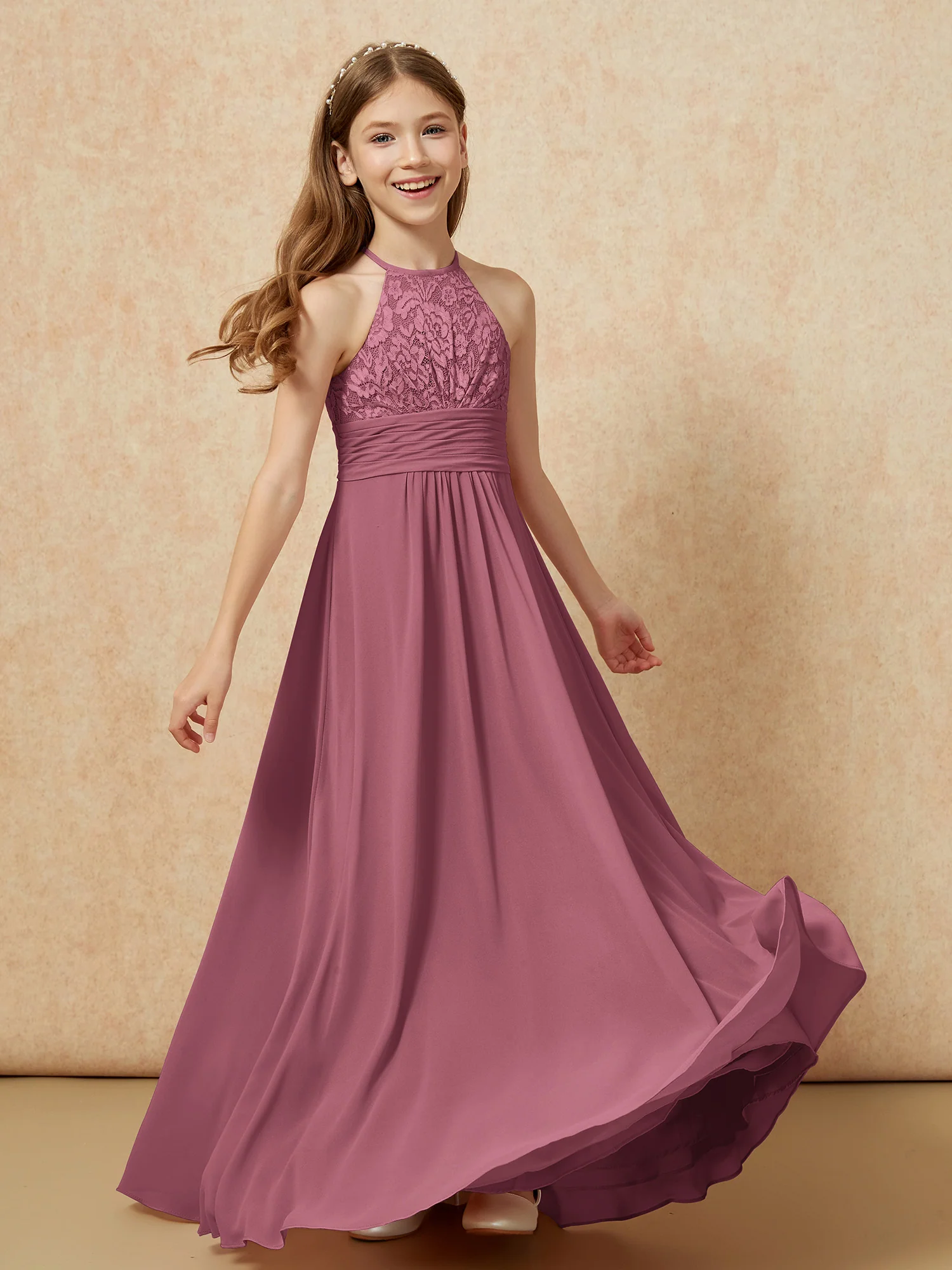 Halter Neck Lace Top Chiffon Junior Bridesmaid Dress Mulberry - Image 4