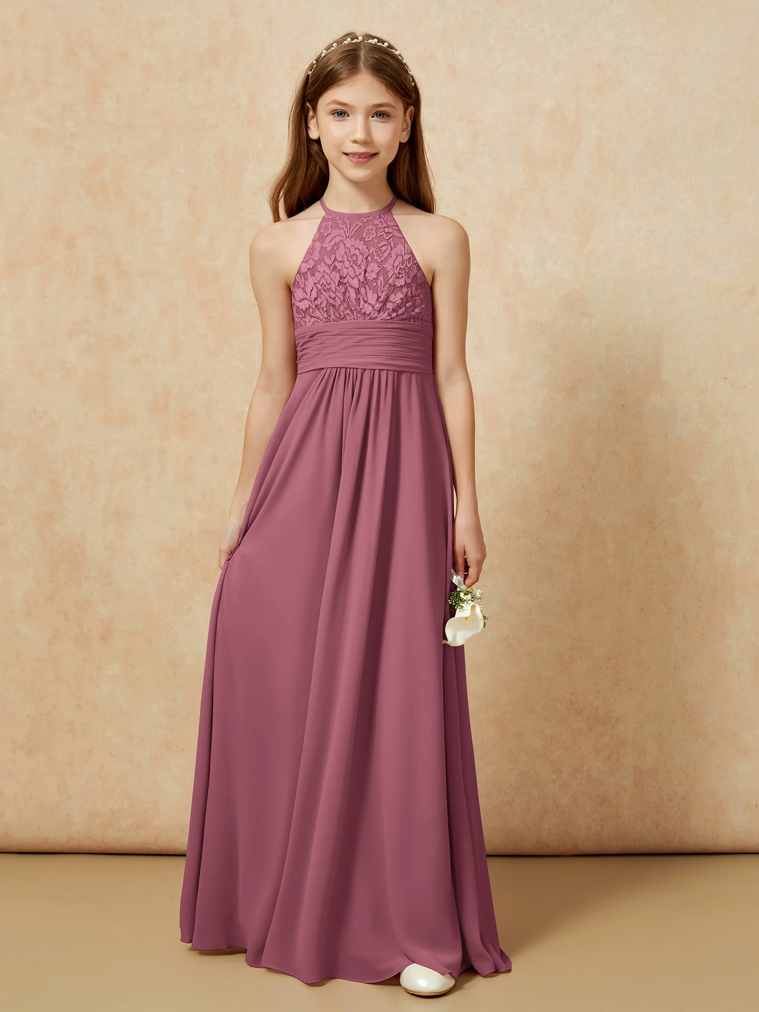 Halter Neck Lace Top Chiffon Junior Bridesmaid Dress Mulberry - Image 7