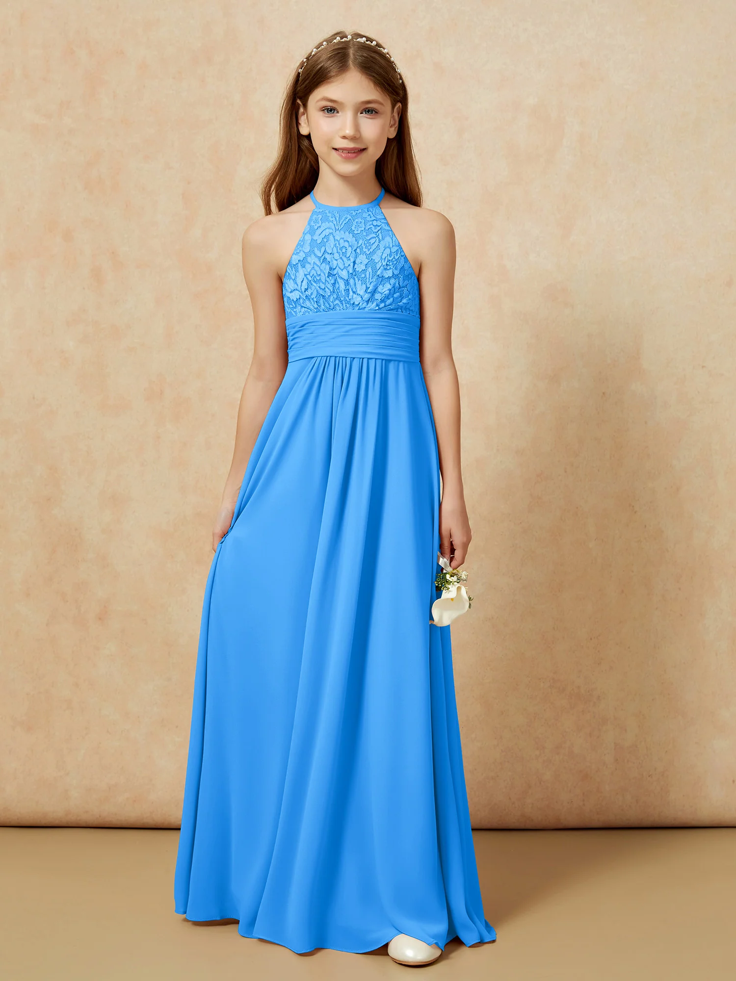 Halter Neck Lace Top Chiffon Junior Bridesmaid Dress Ocean Blue - Image 7