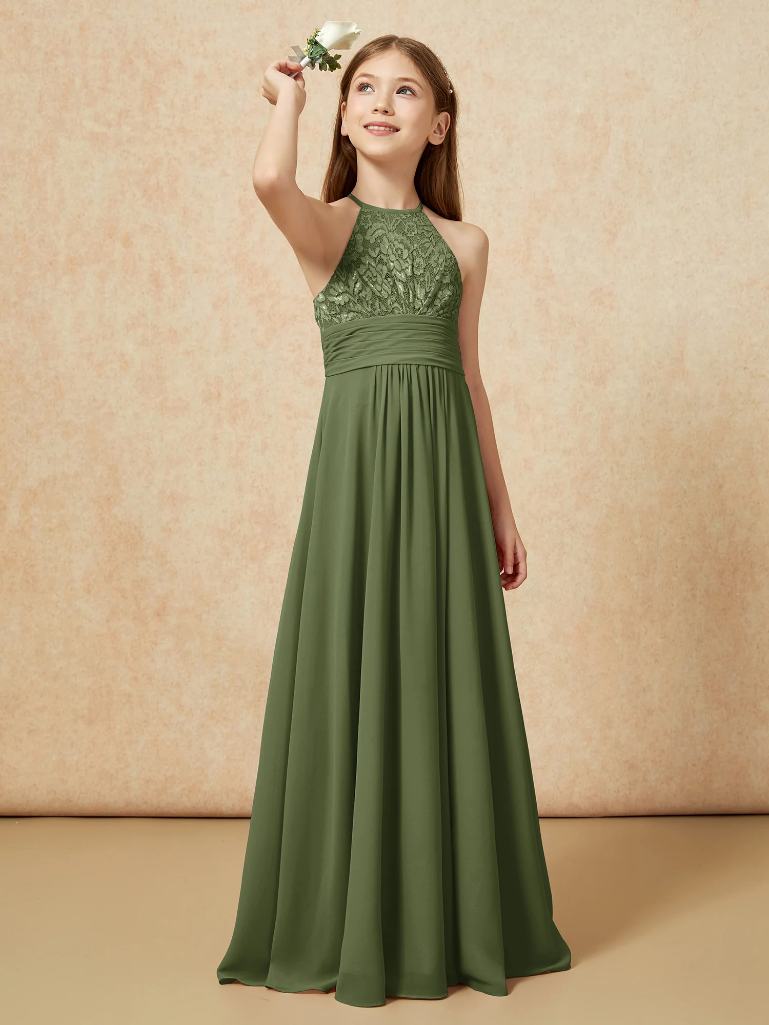 Halter Neck Lace Top Chiffon Junior Bridesmaid Dress Olive Green