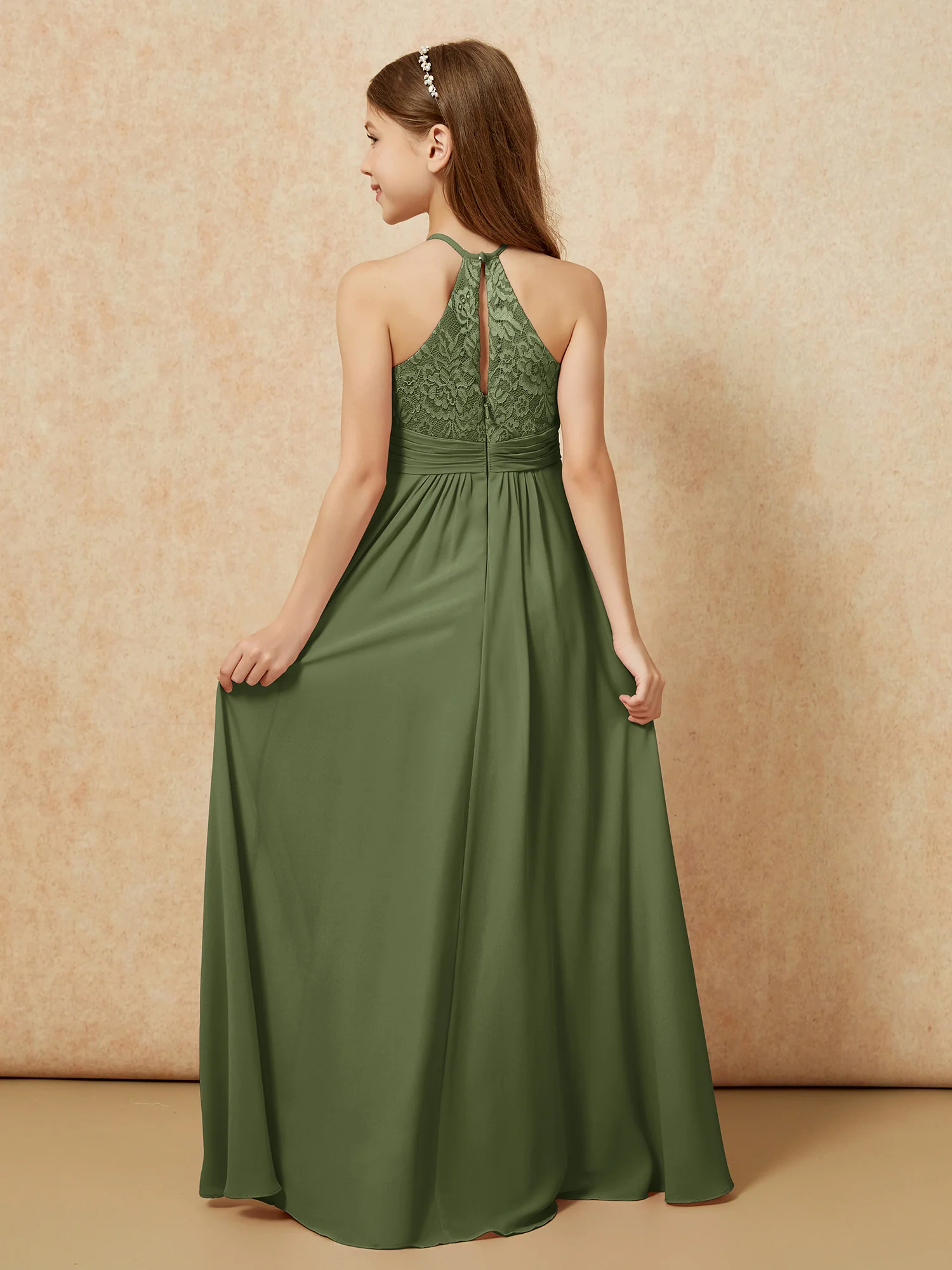 Halter Neck Lace Top Chiffon Junior Bridesmaid Dress Olive Green - Image 2