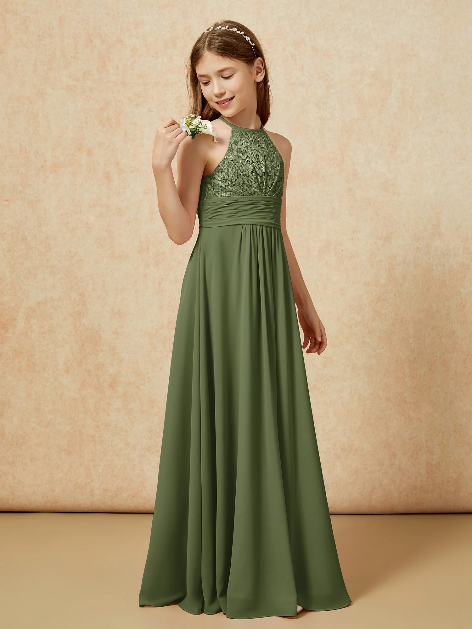 Halter Neck Lace Top Chiffon Junior Bridesmaid Dress Olive Green - Image 3