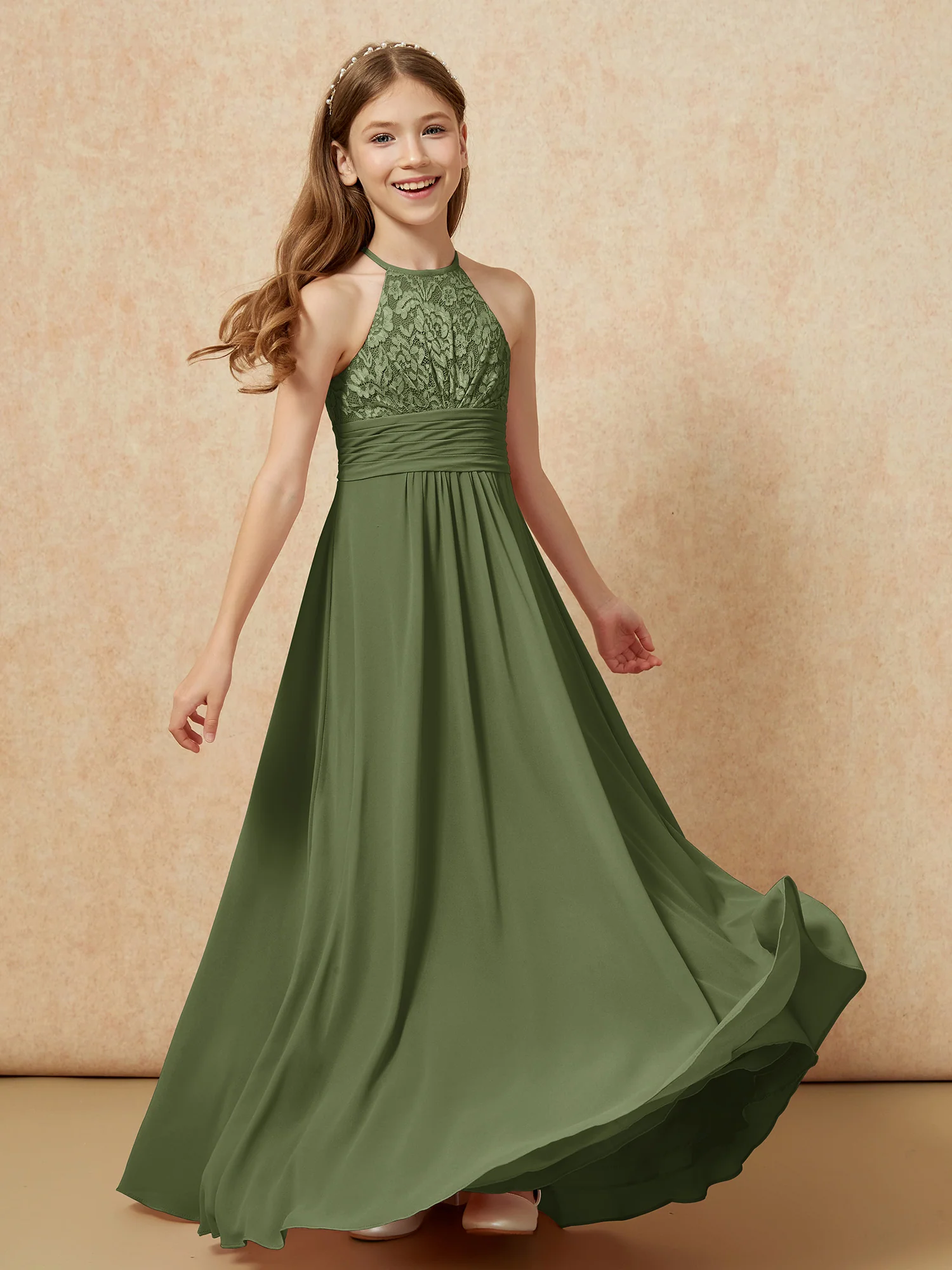 Halter Neck Lace Top Chiffon Junior Bridesmaid Dress Olive Green - Image 4