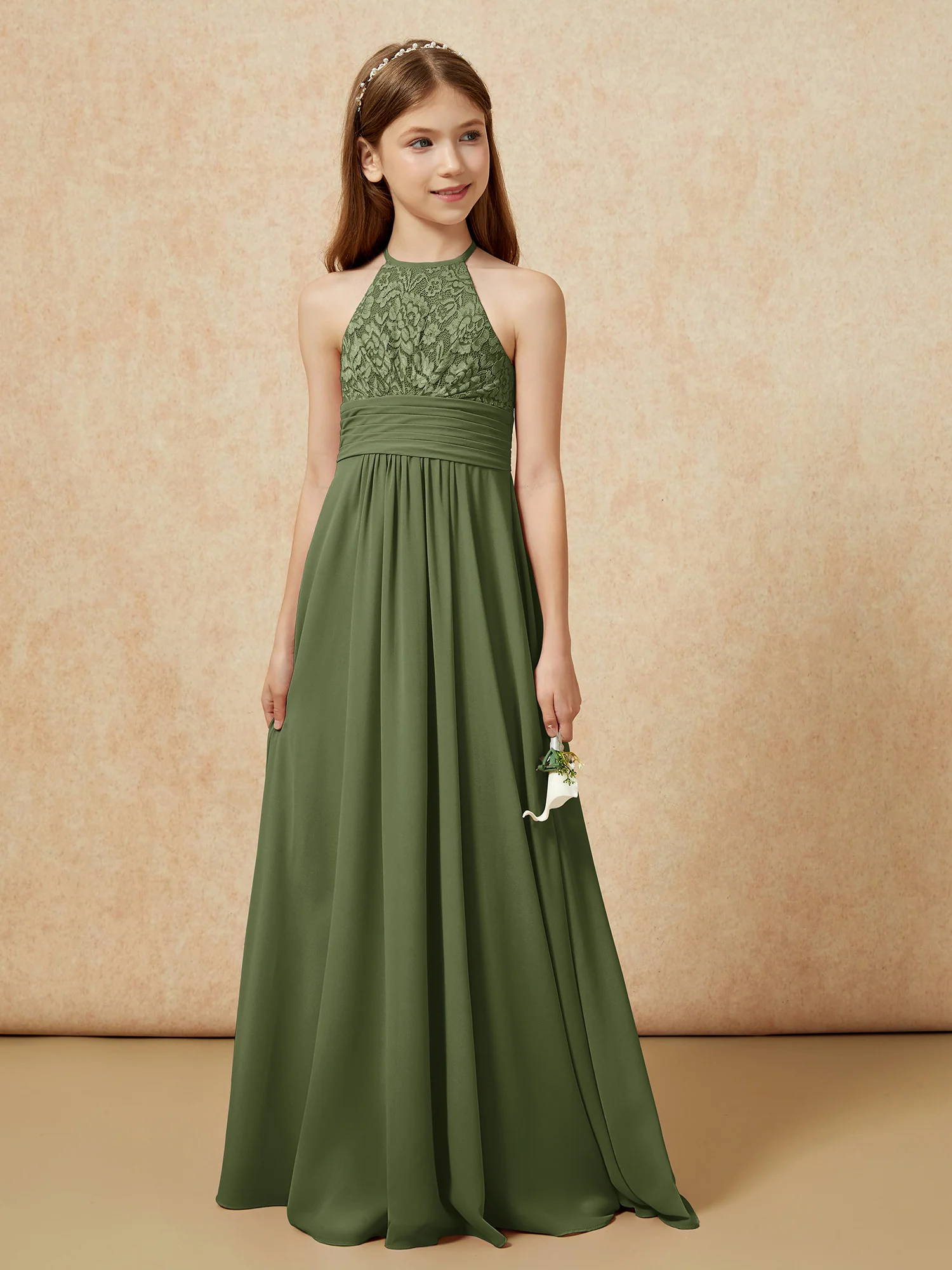 Halter Neck Lace Top Chiffon Junior Bridesmaid Dress Olive Green - Image 5