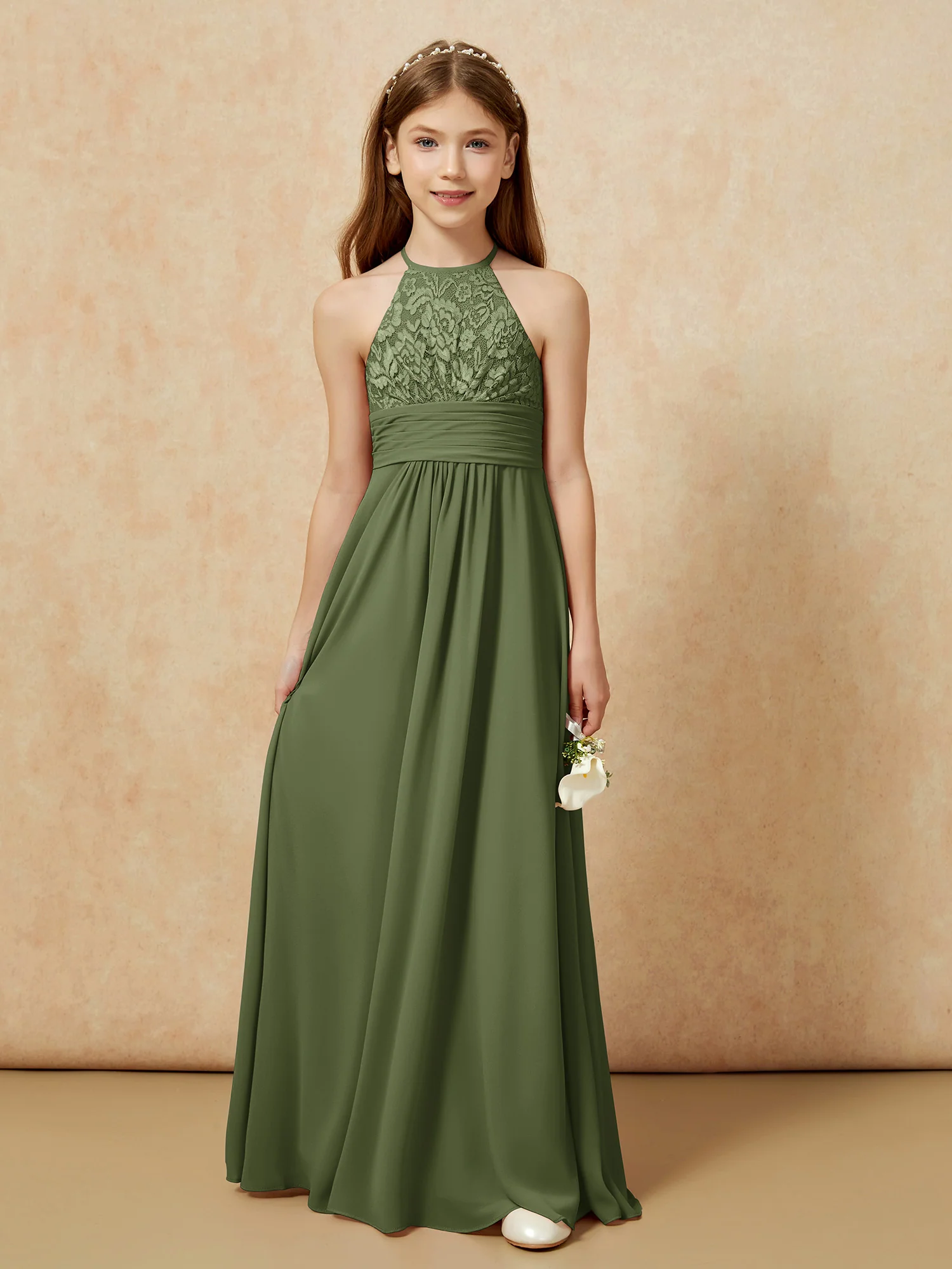 Halter Neck Lace Top Chiffon Junior Bridesmaid Dress Olive Green - Image 7
