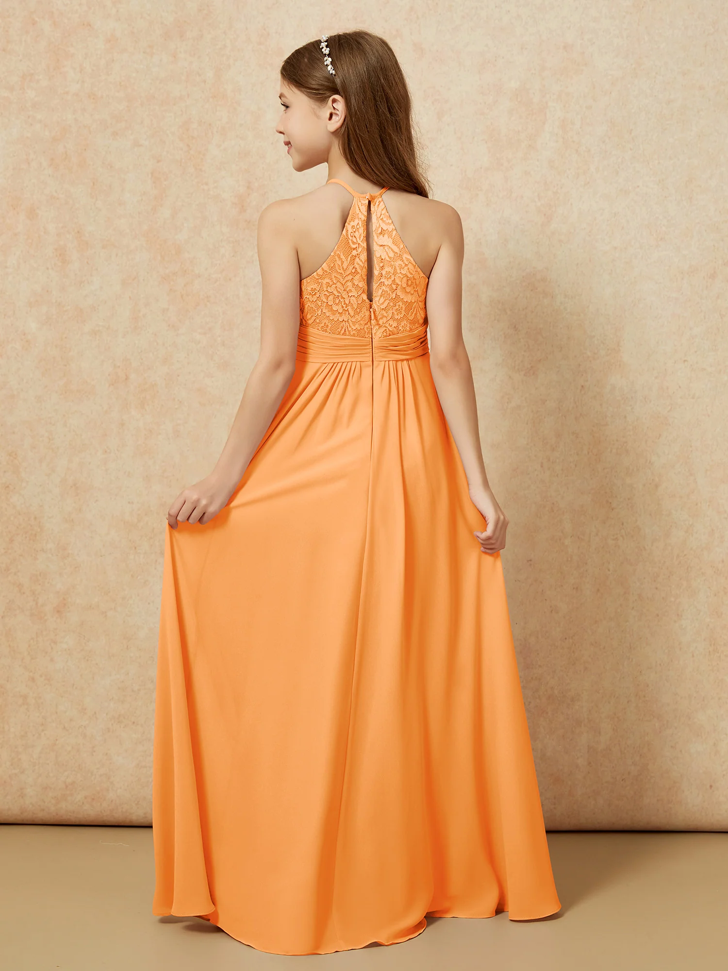 Halter Neck Lace Top Chiffon Junior Bridesmaid Dress Orange - Image 2