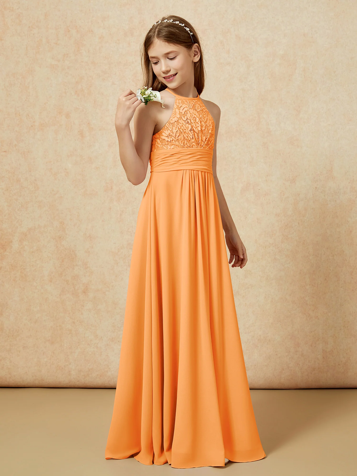 Halter Neck Lace Top Chiffon Junior Bridesmaid Dress Orange - Image 3
