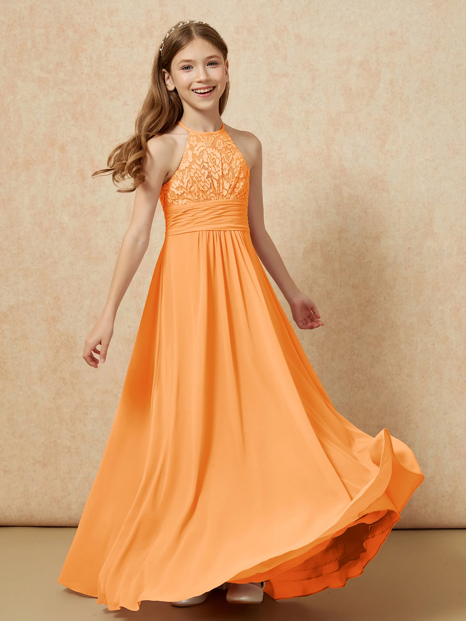 Halter Neck Lace Top Chiffon Junior Bridesmaid Dress Orange - Image 4