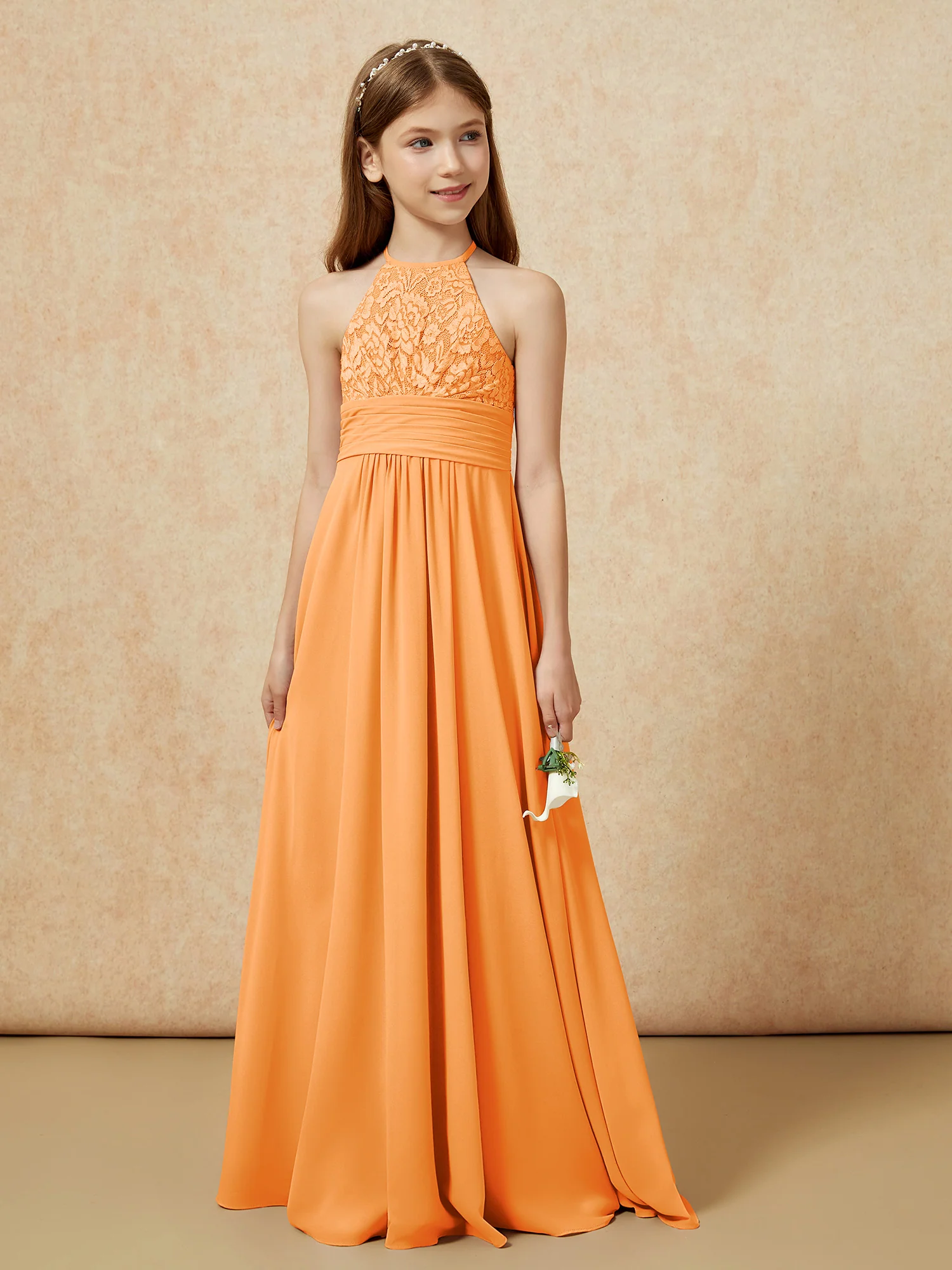 Halter Neck Lace Top Chiffon Junior Bridesmaid Dress Orange - Image 5